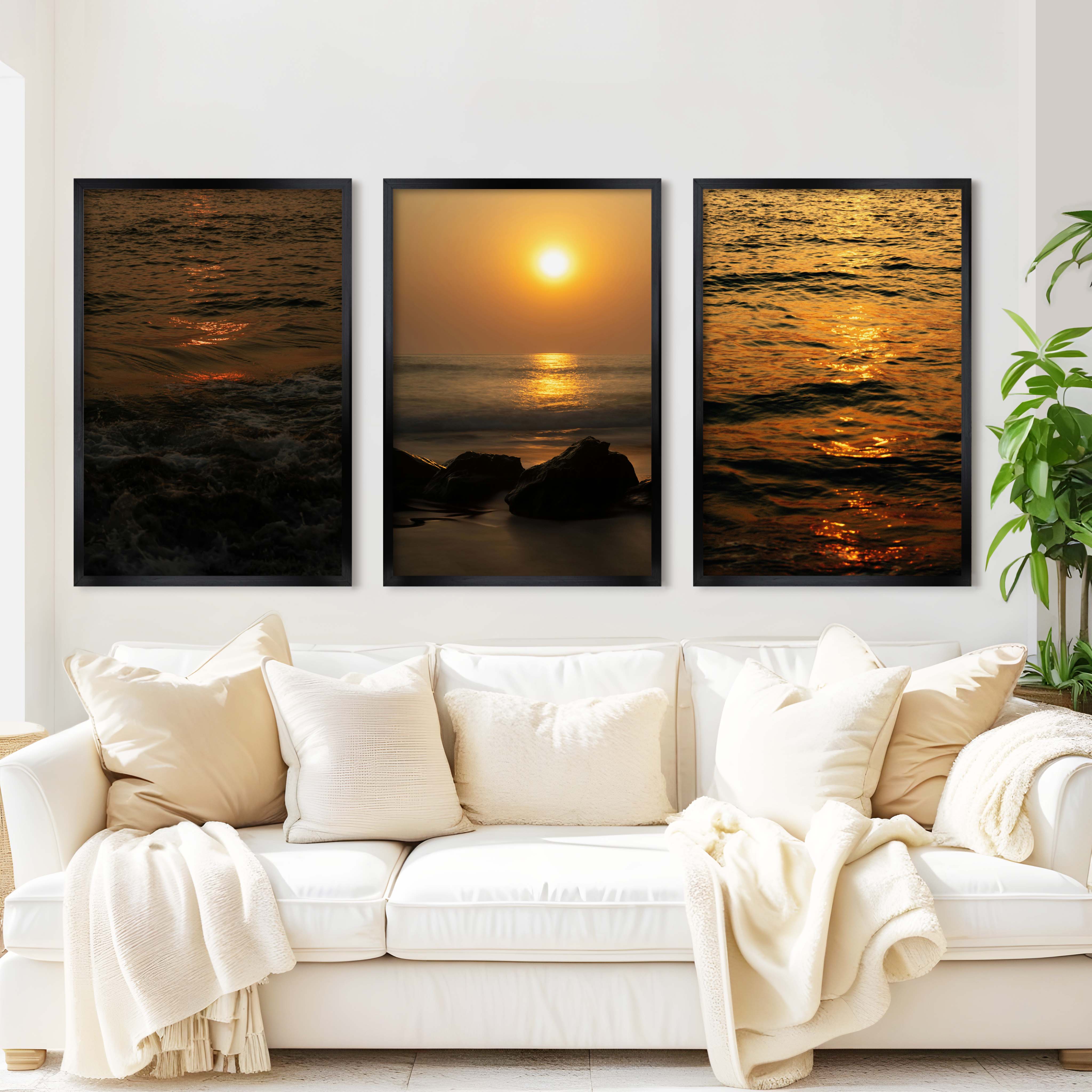 Best Beach Wall Art – Sunset Ocean & Coastal Rock Prints (Set of 3) - Black Framed Poster No Border - Artworksets
