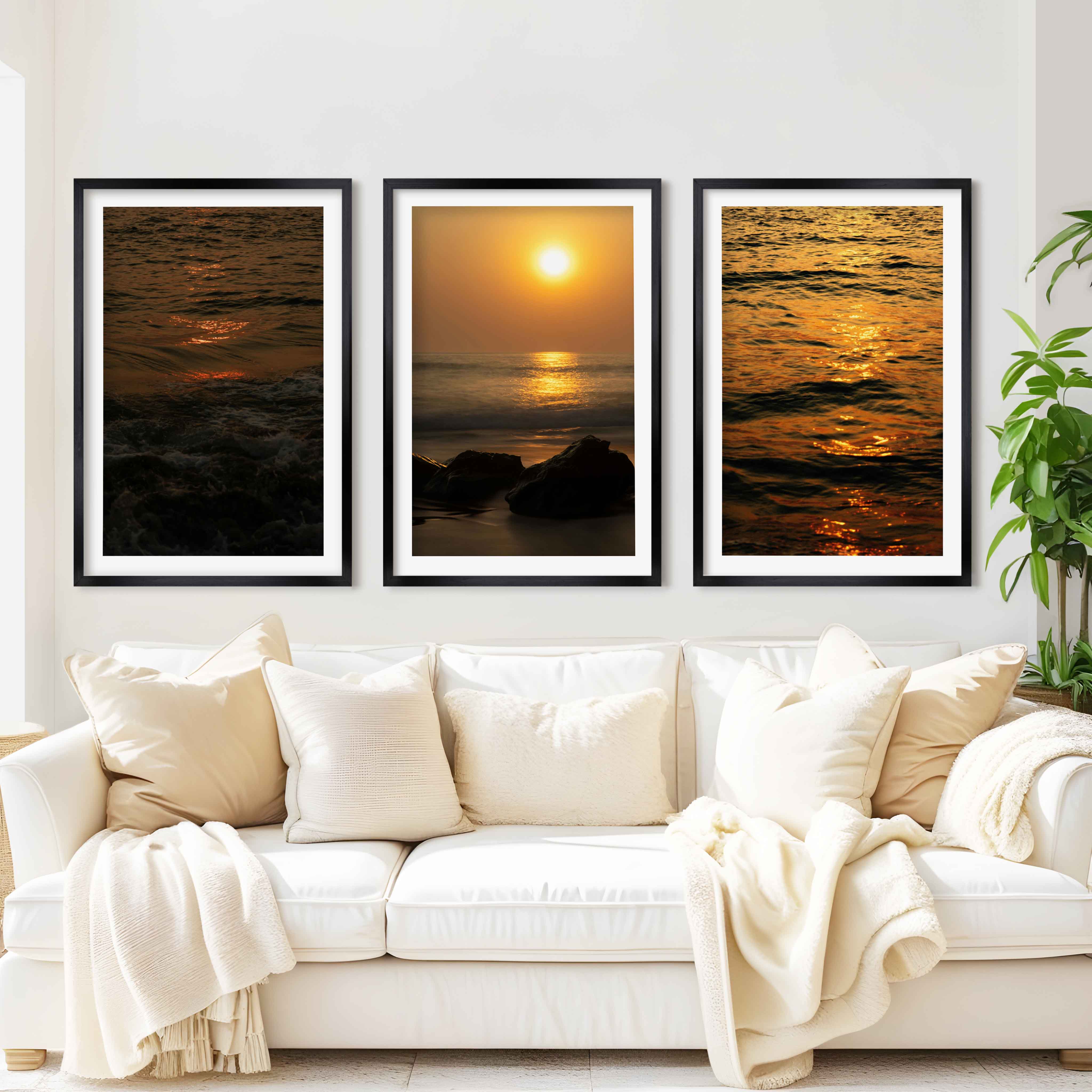 Best Beach Wall Art – Sunset Ocean & Coastal Rock Prints (Set of 3) - Black Framed Poster with White Border - Artworksets