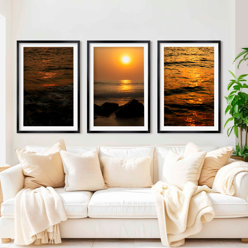 Best Beach Wall Art – Sunset Ocean & Coastal Rock Prints (Set of 3) - Black Framed Poster with White Border - Artworksets