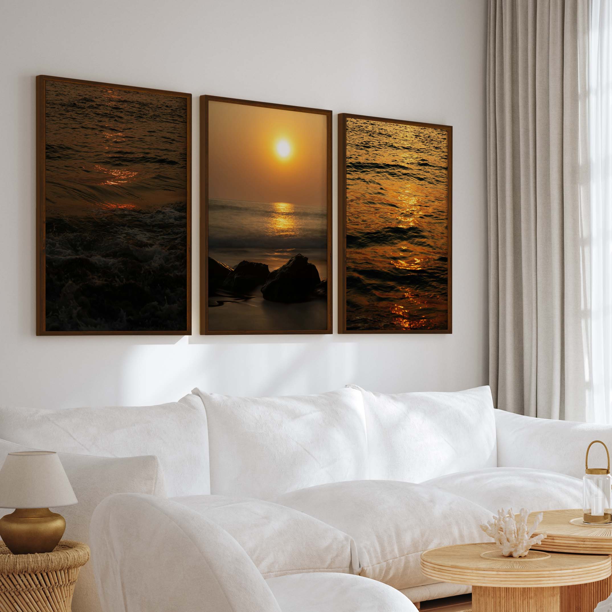 Best Beach Wall Art – Sunset Ocean & Coastal Rock Prints (Set of 3) - Dark Brown Framed Poster No Border - Artworksets