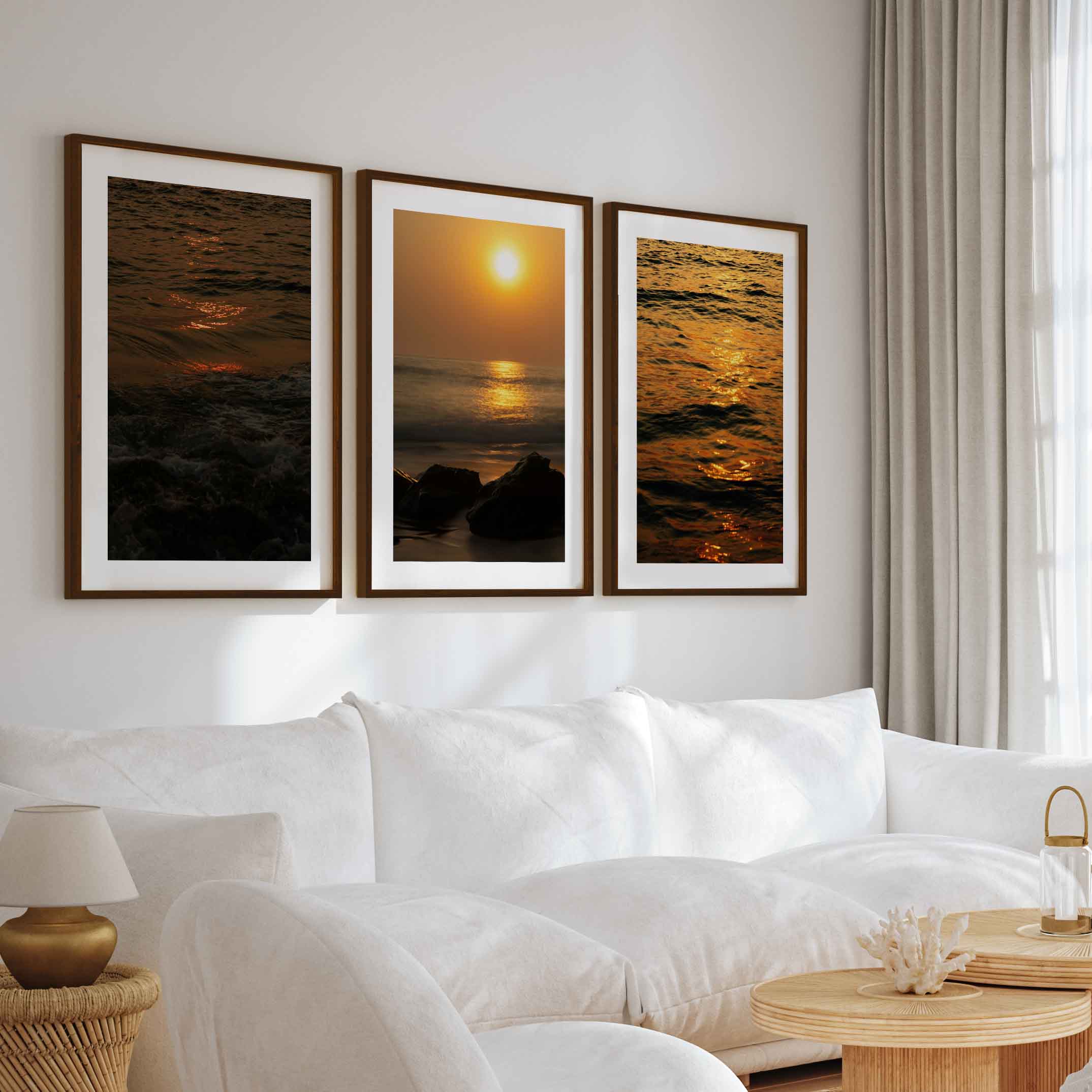 Best Beach Wall Art – Sunset Ocean & Coastal Rock Prints (Set of 3) - Dark Brown Framed Poster with White Border - Artworksets
