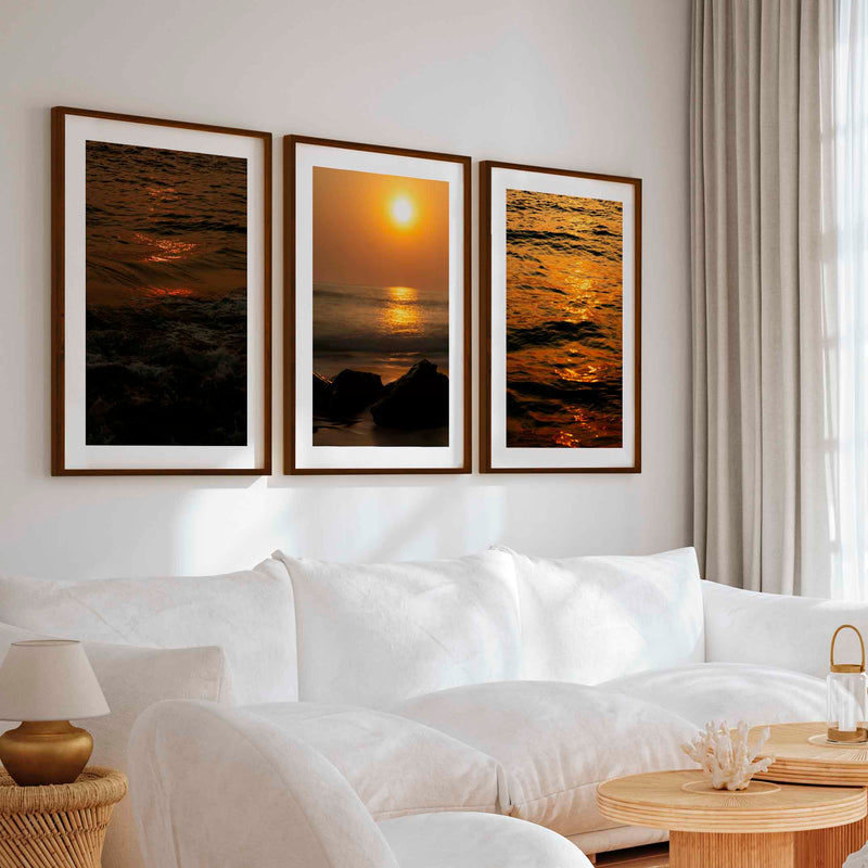 Best Beach Wall Art – Sunset Ocean & Coastal Rock Prints (Set of 3) - Dark Brown Framed Poster with White Border - Artworksets