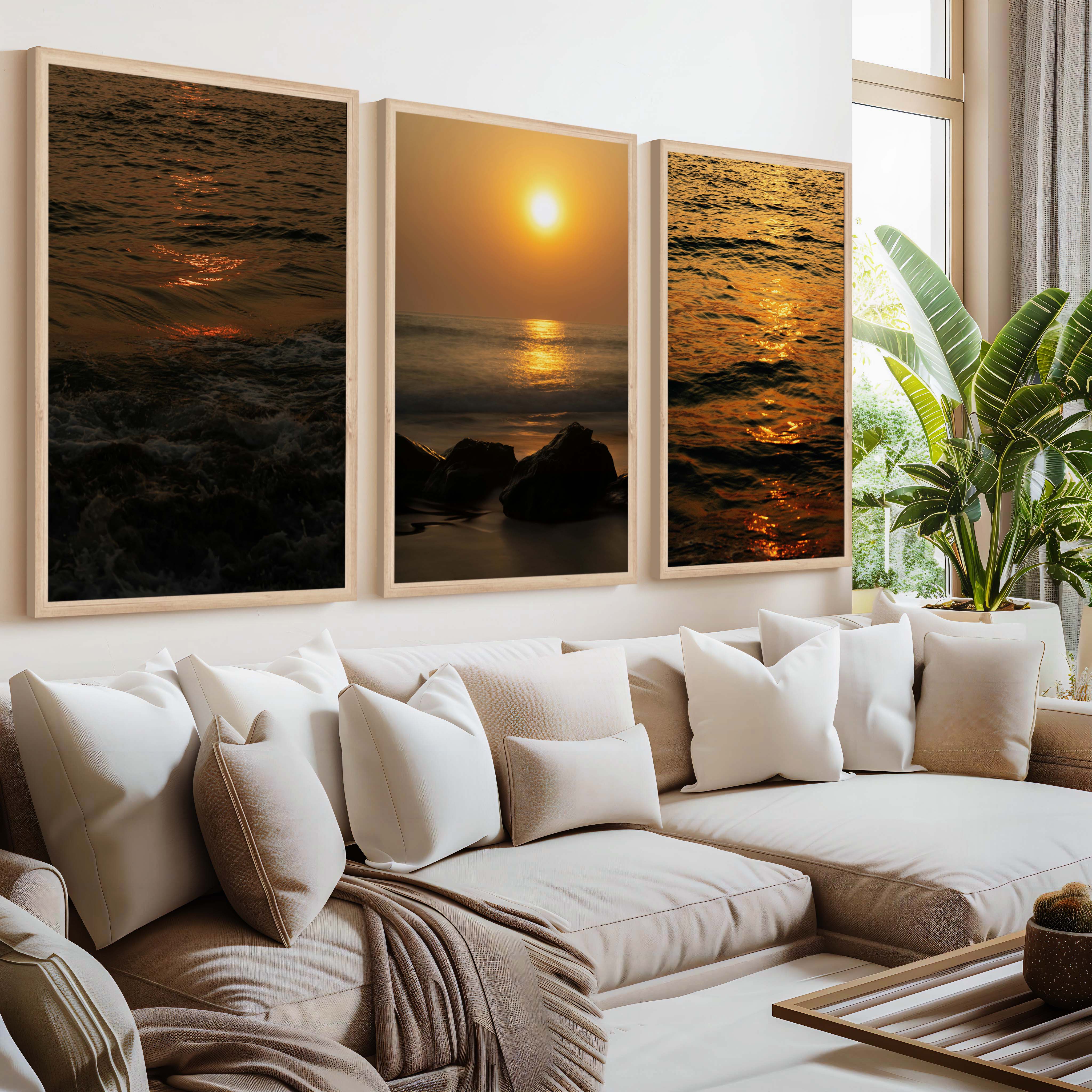 Best Beach Wall Art – Sunset Ocean & Coastal Rock Prints (Set of 3) - Natural Wood Framed Poster No Border - Artworksets