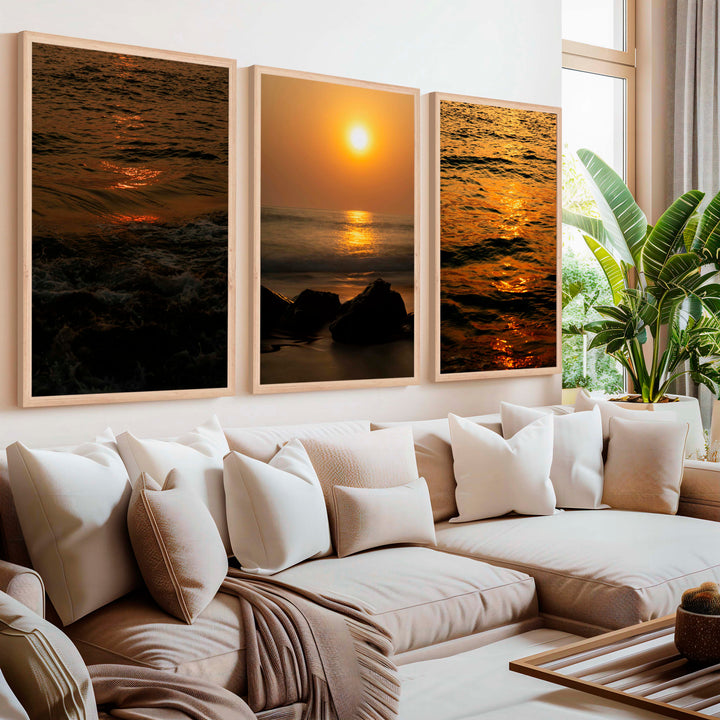 Best Beach Wall Art – Sunset Ocean & Coastal Rock Prints (Set of 3) - Natural Wood Framed Poster No Border - Artworksets