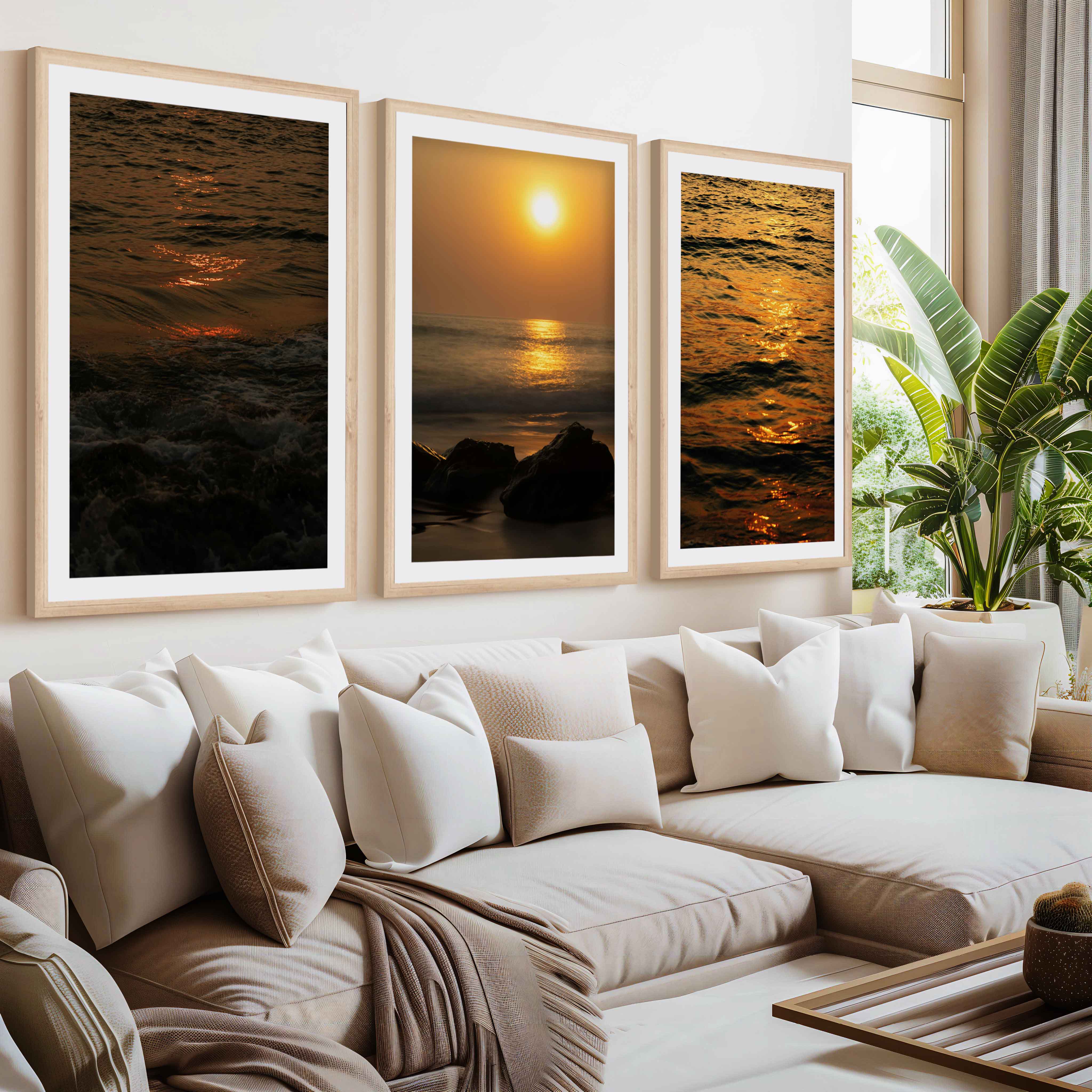 Best Beach Wall Art – Sunset Ocean & Coastal Rock Prints (Set of 3)- Natural Wood Framed Poster with White Border - Artworksets