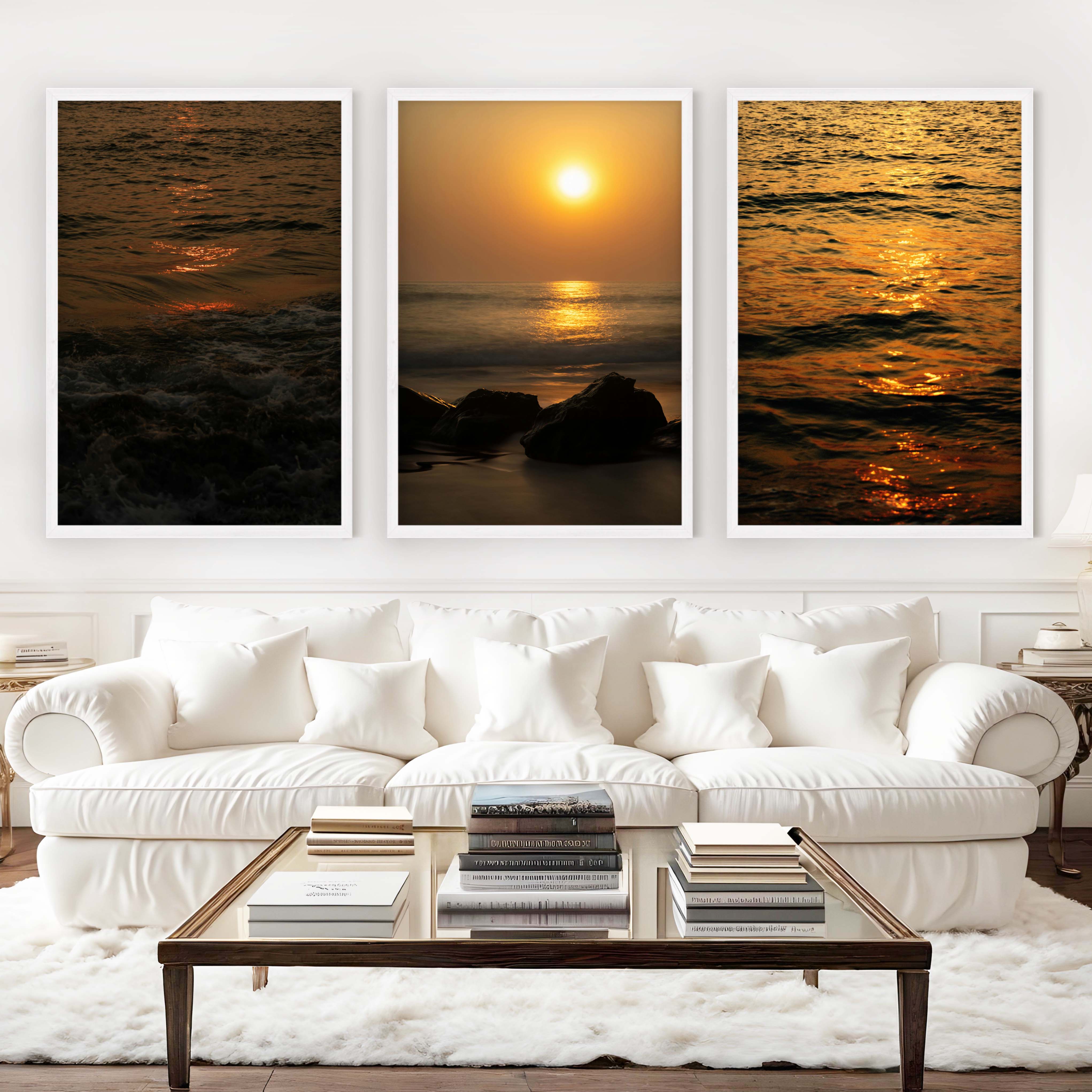 Best Beach Wall Art – Sunset Ocean & Coastal Rock Prints (Set of 3) - White Framed Poster No Border - Artworksets