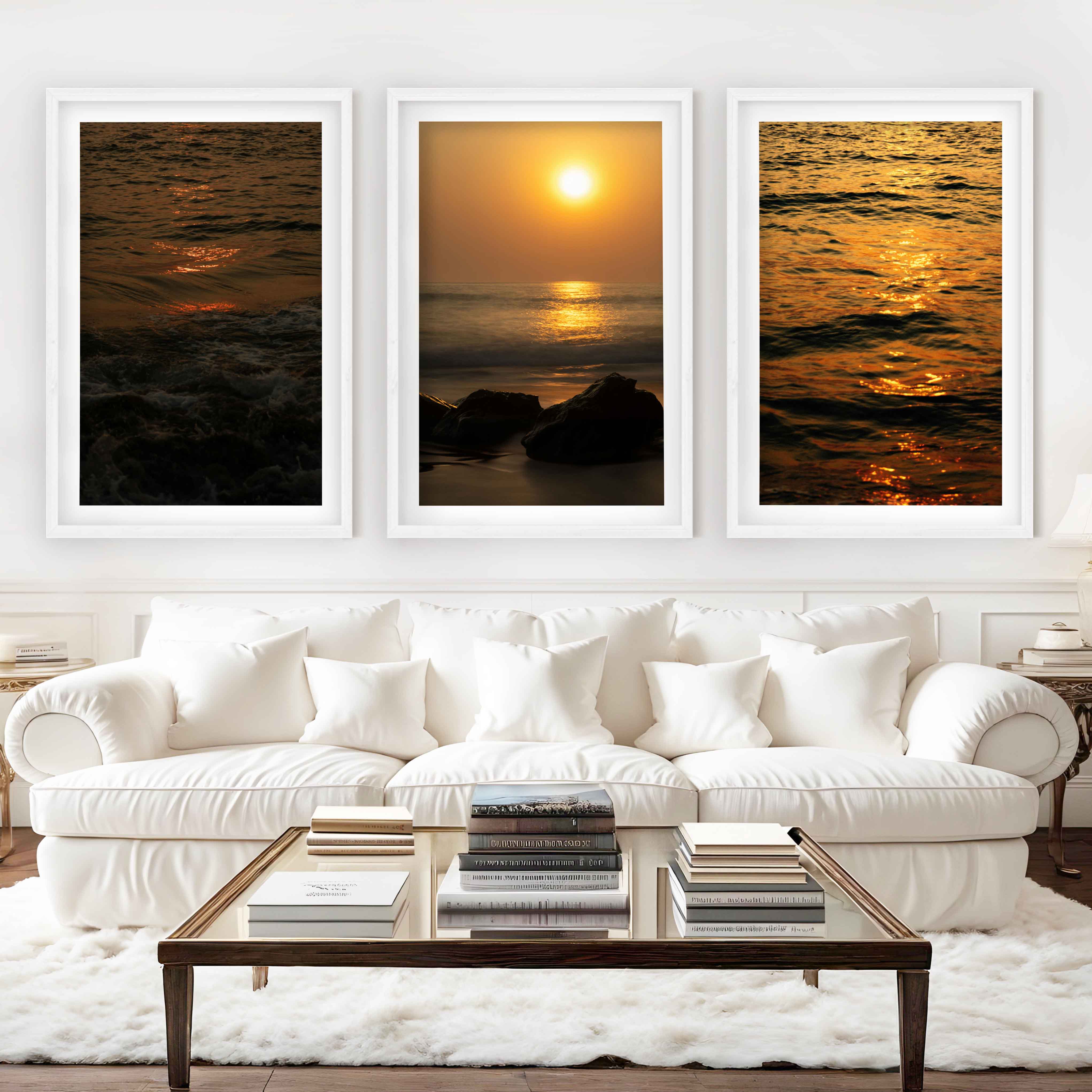 Best Beach Wall Art – Sunset Ocean & Coastal Rock Prints (Set of 3) - White Framed Poster with White Border - Artworksets