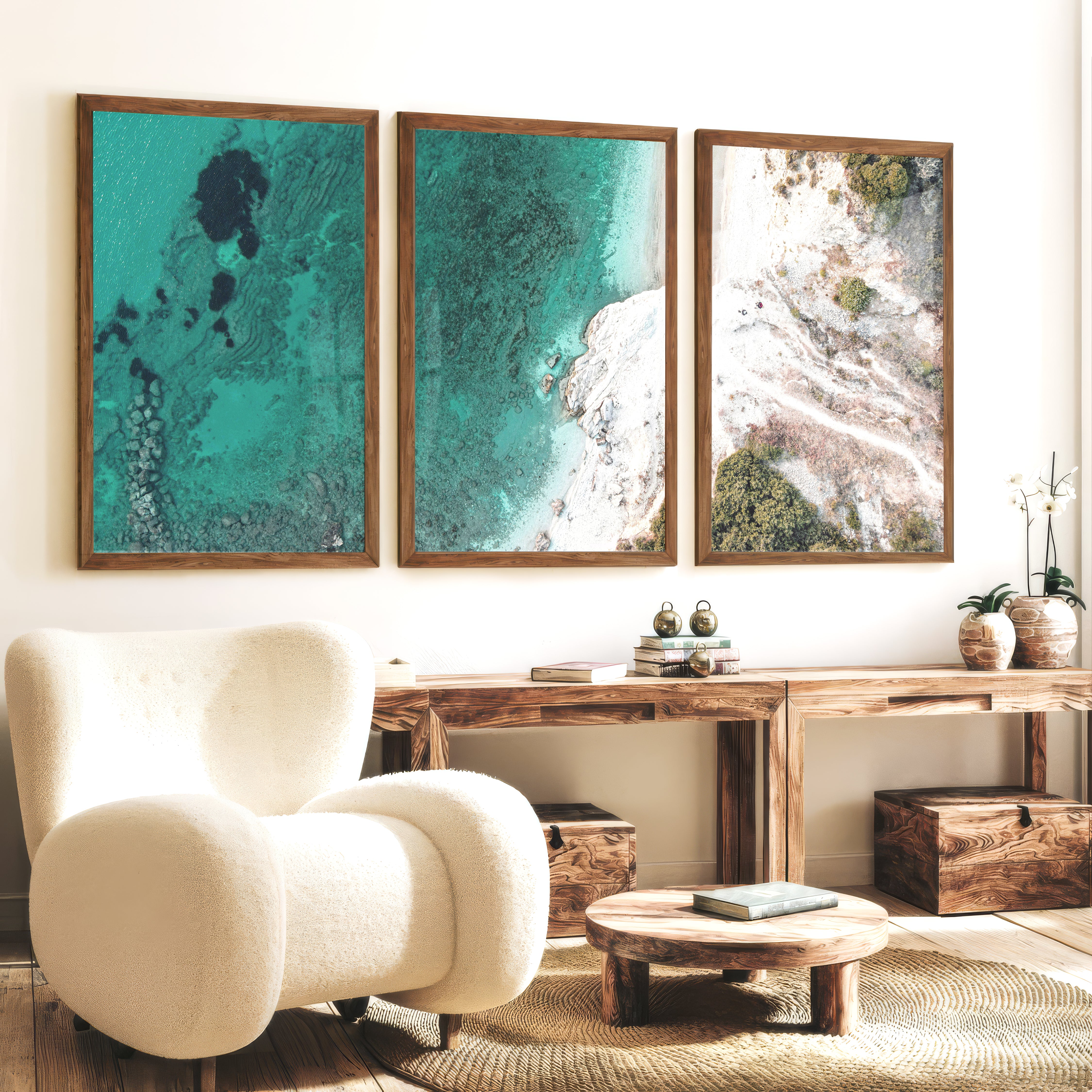 Turquoise coastline best ocean art from above - Dark Brown Framed Poster No Border - Artworksets