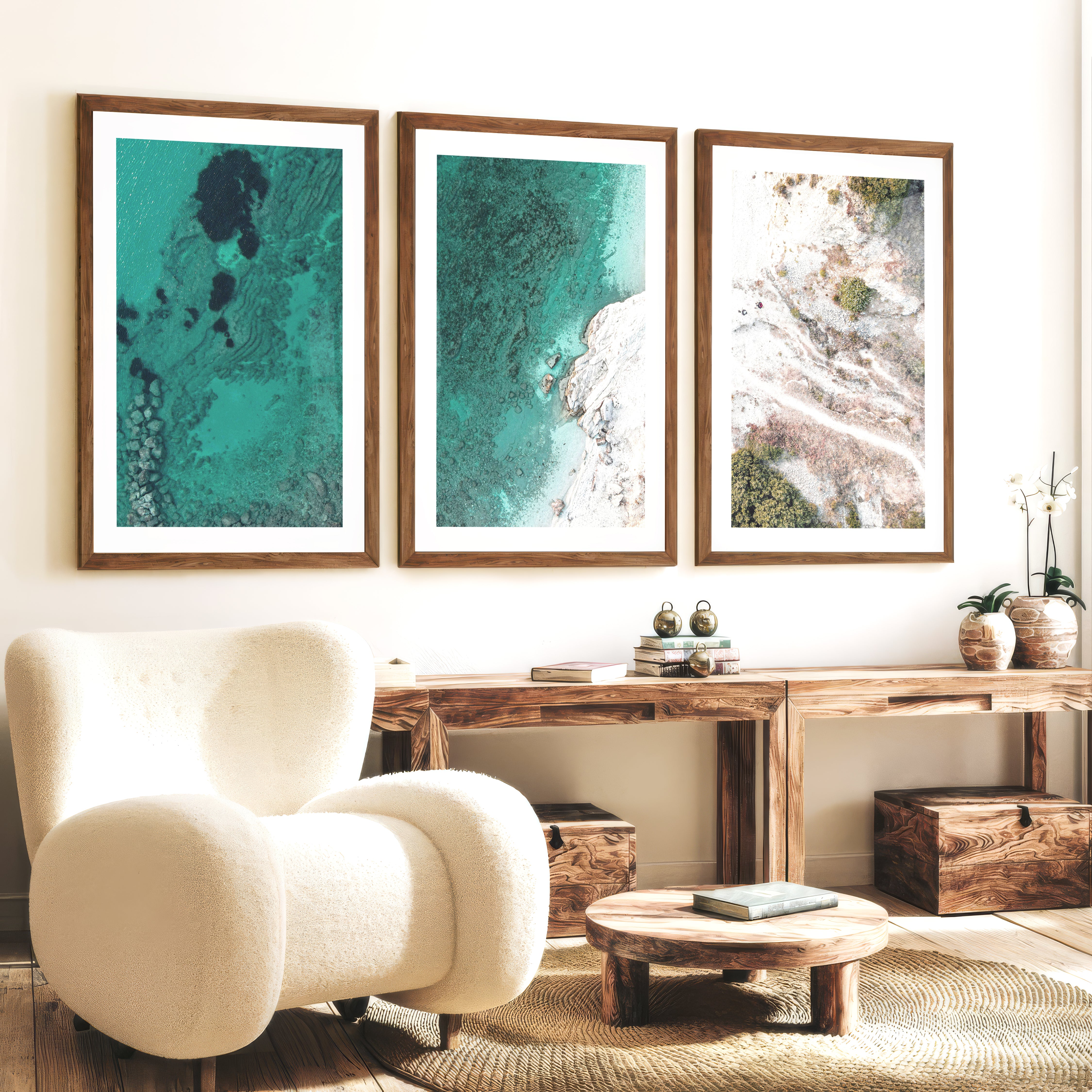 Turquoise coastline best ocean art from above - Dark Brown Framed Poster with White Border - Artworksets