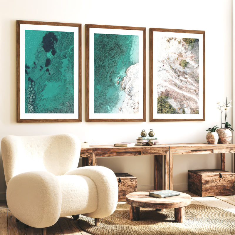 Turquoise coastline best ocean art from above - Dark Brown Framed Poster with White Border - Artworksets