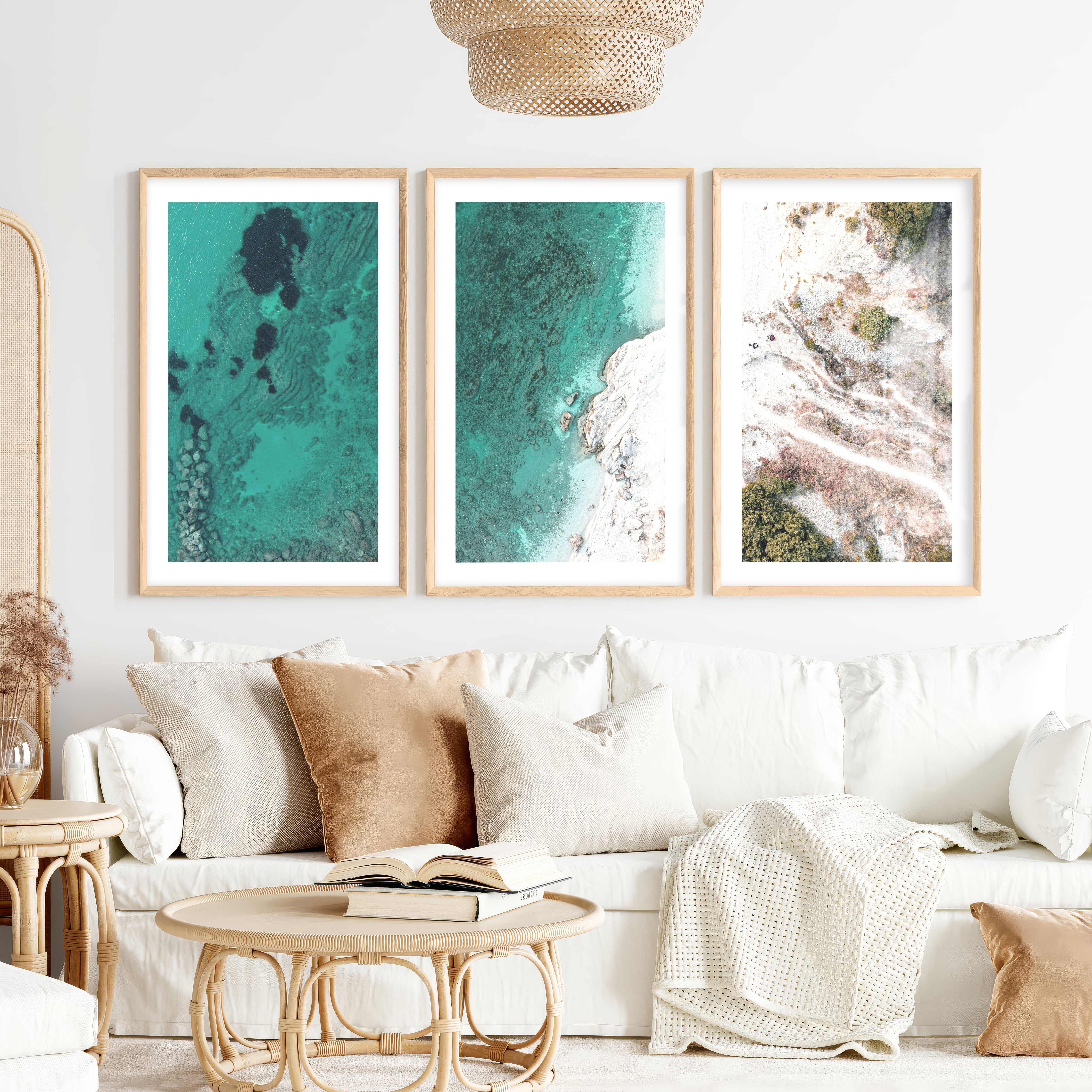 Turquoise coastline best ocean art from above- Natural Wood Framed Poster with White Border - Artworksets