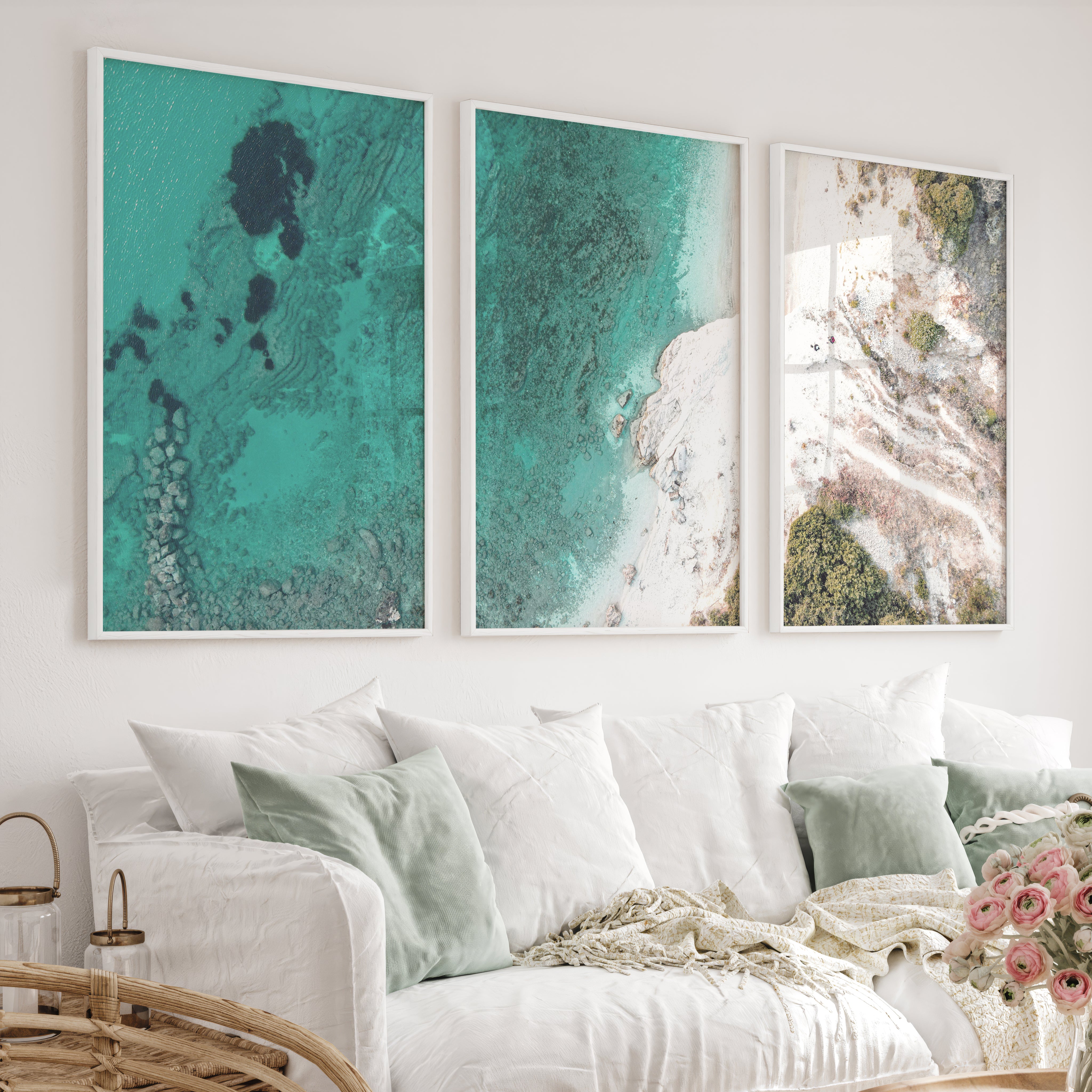 Turquoise coastline best ocean art from above - White Framed Poster No Border - Artworksets