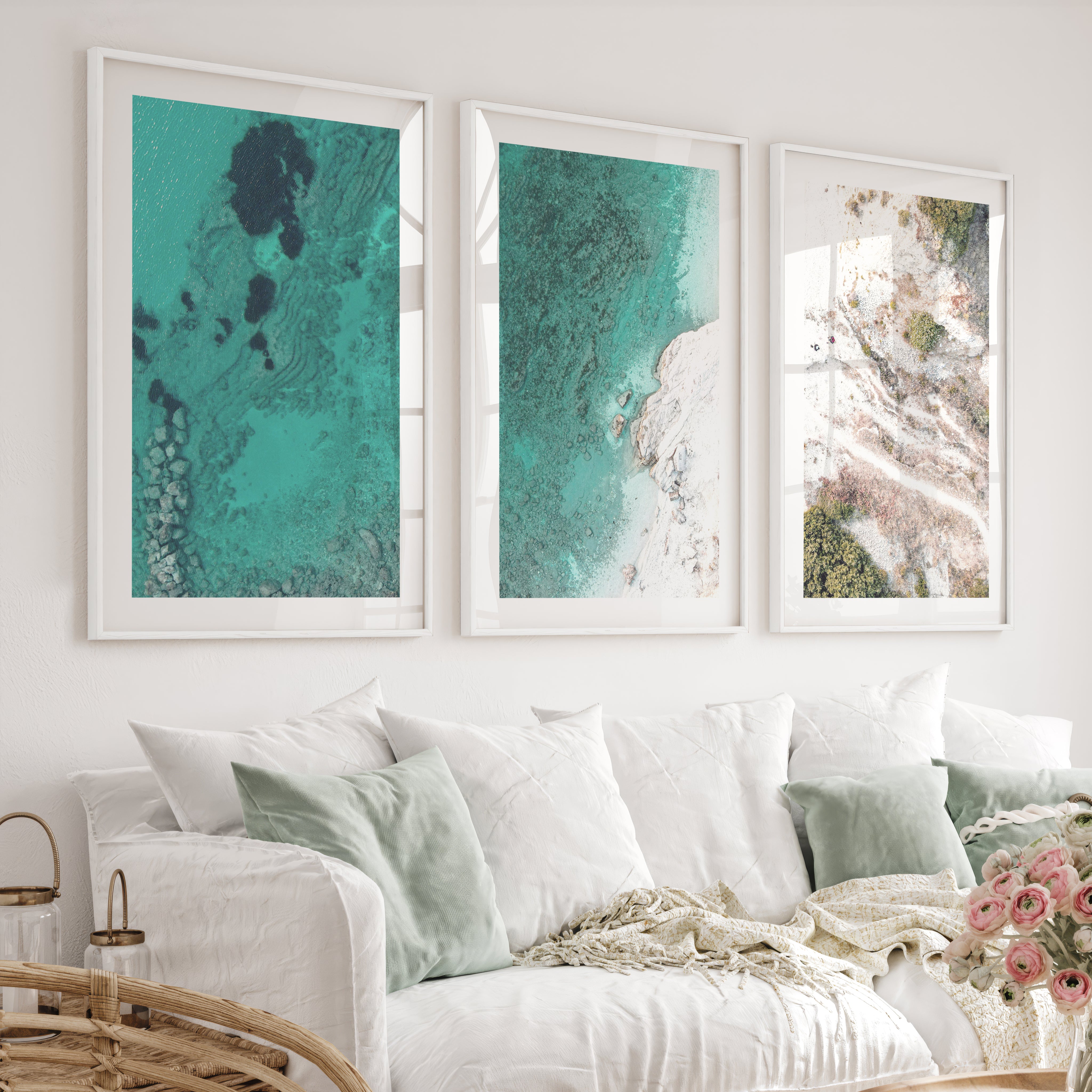 Turquoise coastline best ocean art from above - White Framed Poster with White Border - Artworksets