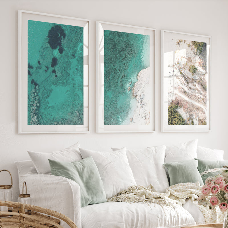 Turquoise coastline best ocean art from above - White Framed Poster with White Border - Artworksets