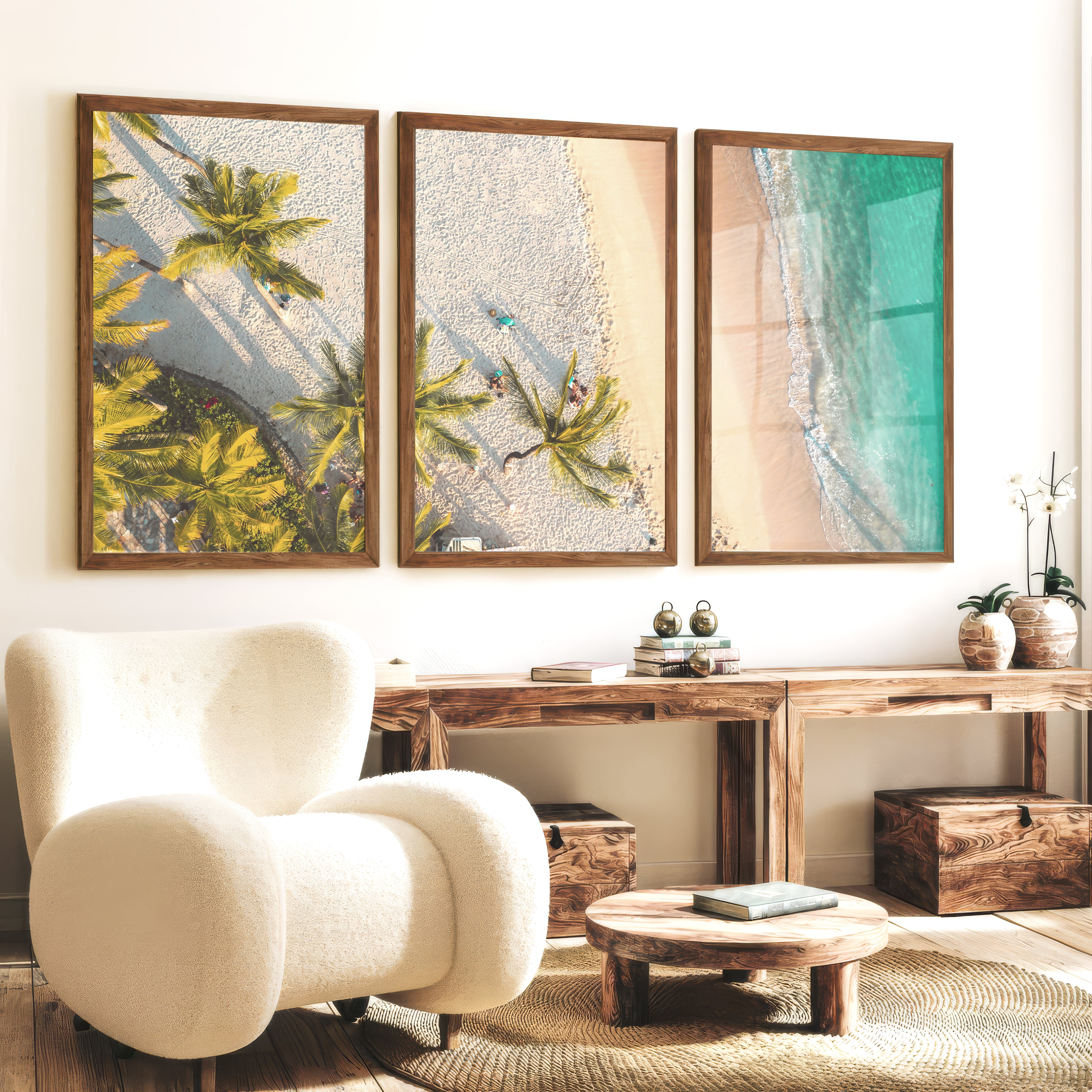 Aerial Palm Beach Big Beach Wall Art - Dark Brown Framed Poster No Border - Artworksets