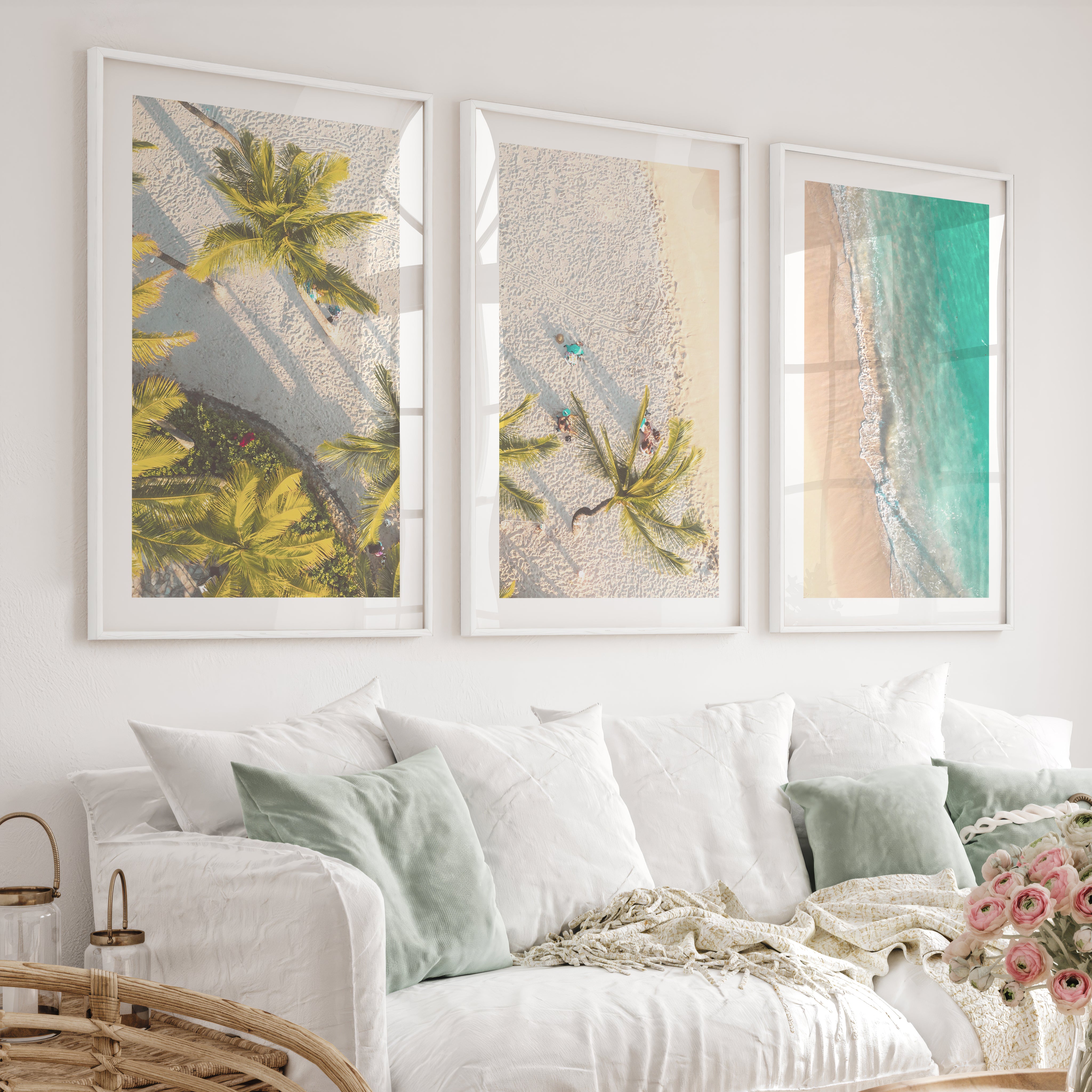 Aerial Palm Beach Big Beach Wall Art - White Framed Poster with White Border - Artworksets