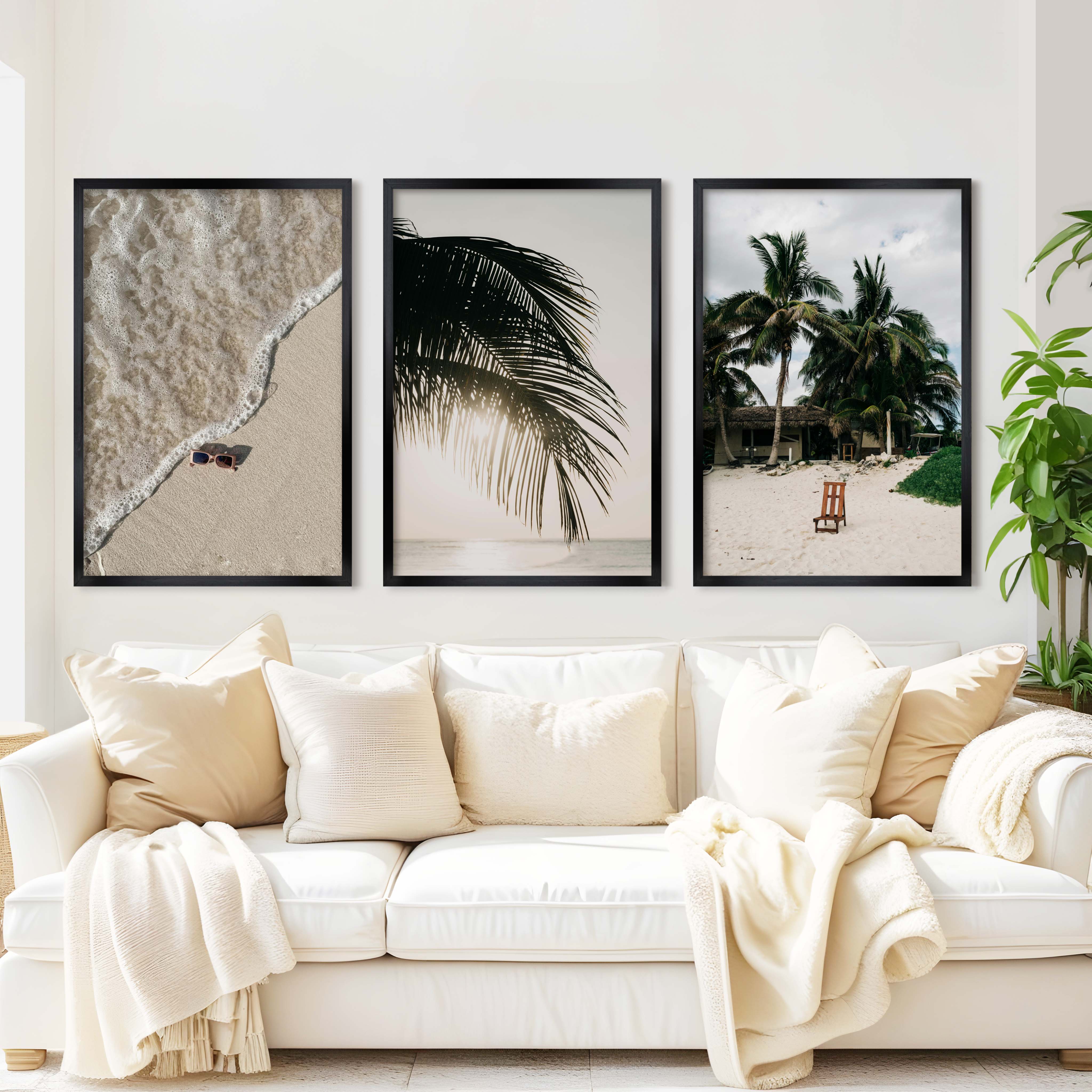 Big Beach Wall Art – Tropical Palm & Sand Print Set (3 Pieces) - Black Framed Poster No Border - Artworksets