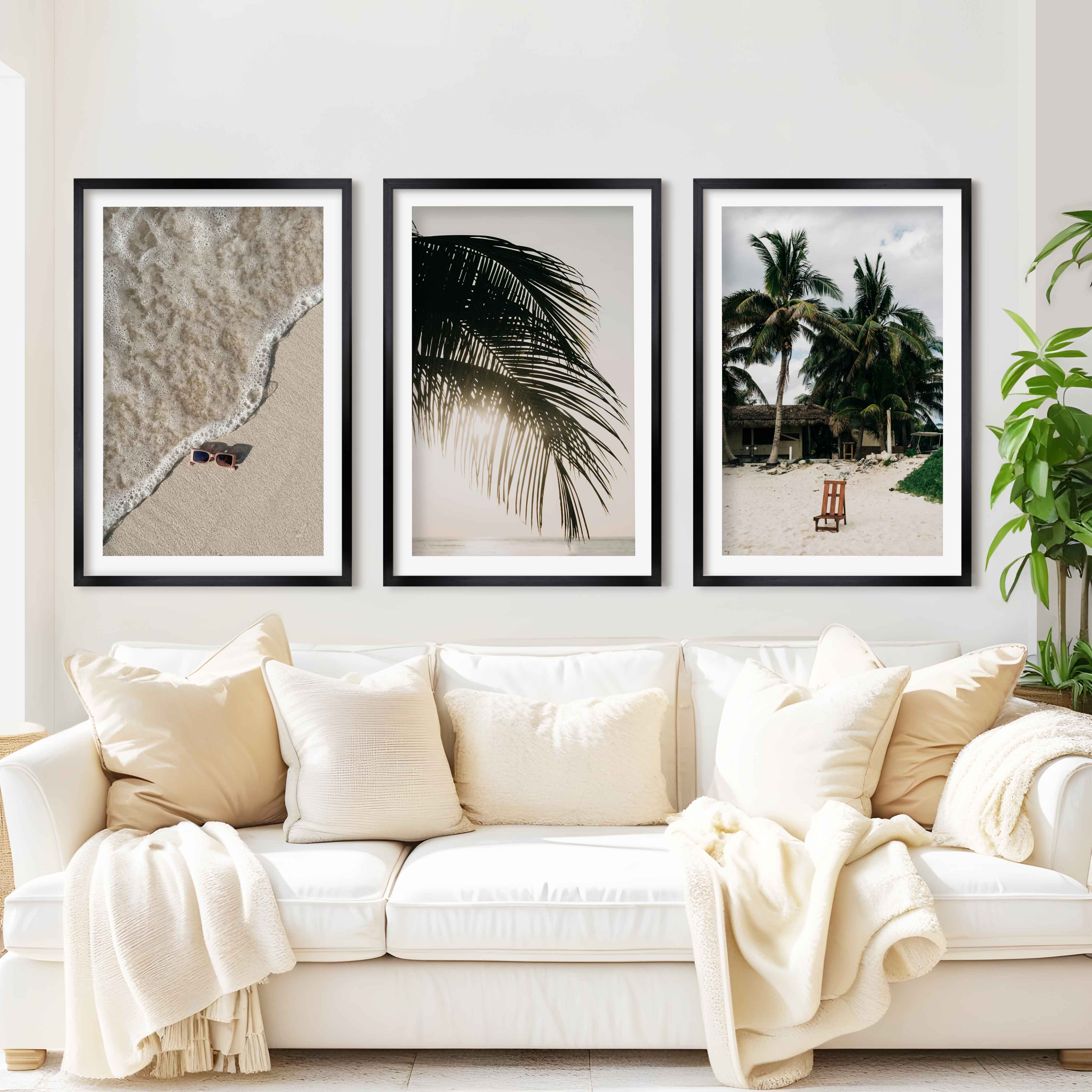 Big Beach Wall Art – Tropical Palm & Sand Print Set (3 Pieces) - Black Framed Poster with White Border - Artworksets