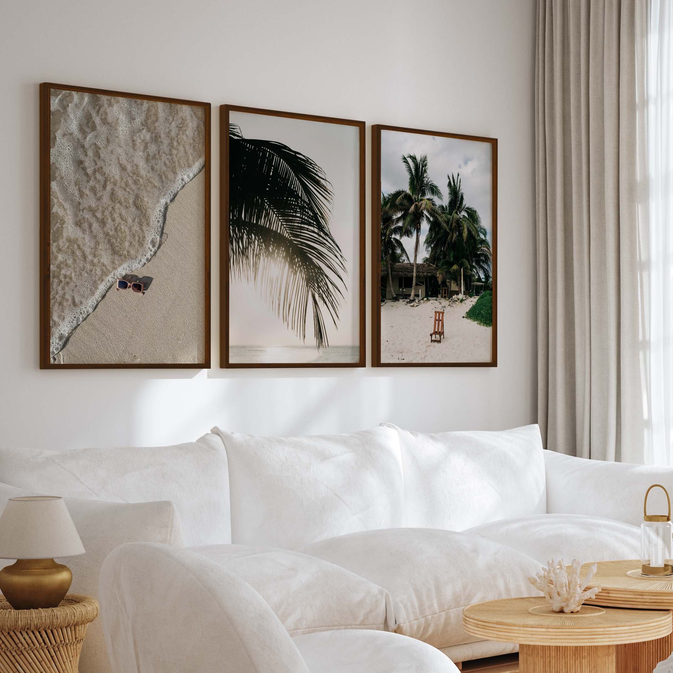 Big Beach Wall Art – Tropical Palm & Sand Print Set (3 Pieces) - Dark Brown Framed Poster No Border - Artworksets