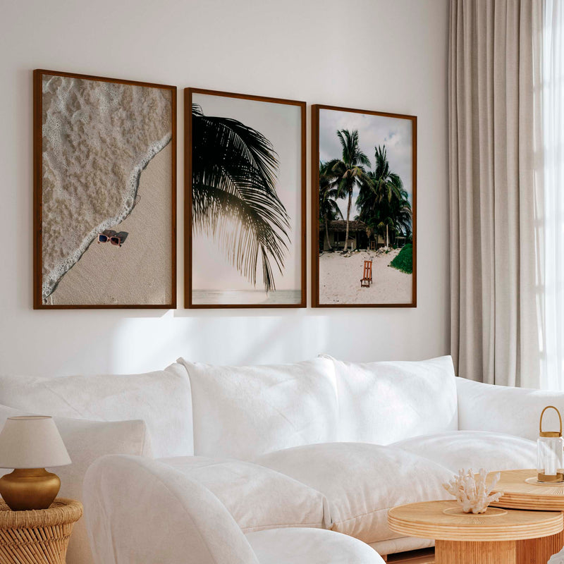 Big Beach Wall Art – Tropical Palm & Sand Print Set (3 Pieces) - Dark Brown Framed Poster No Border - Artworksets