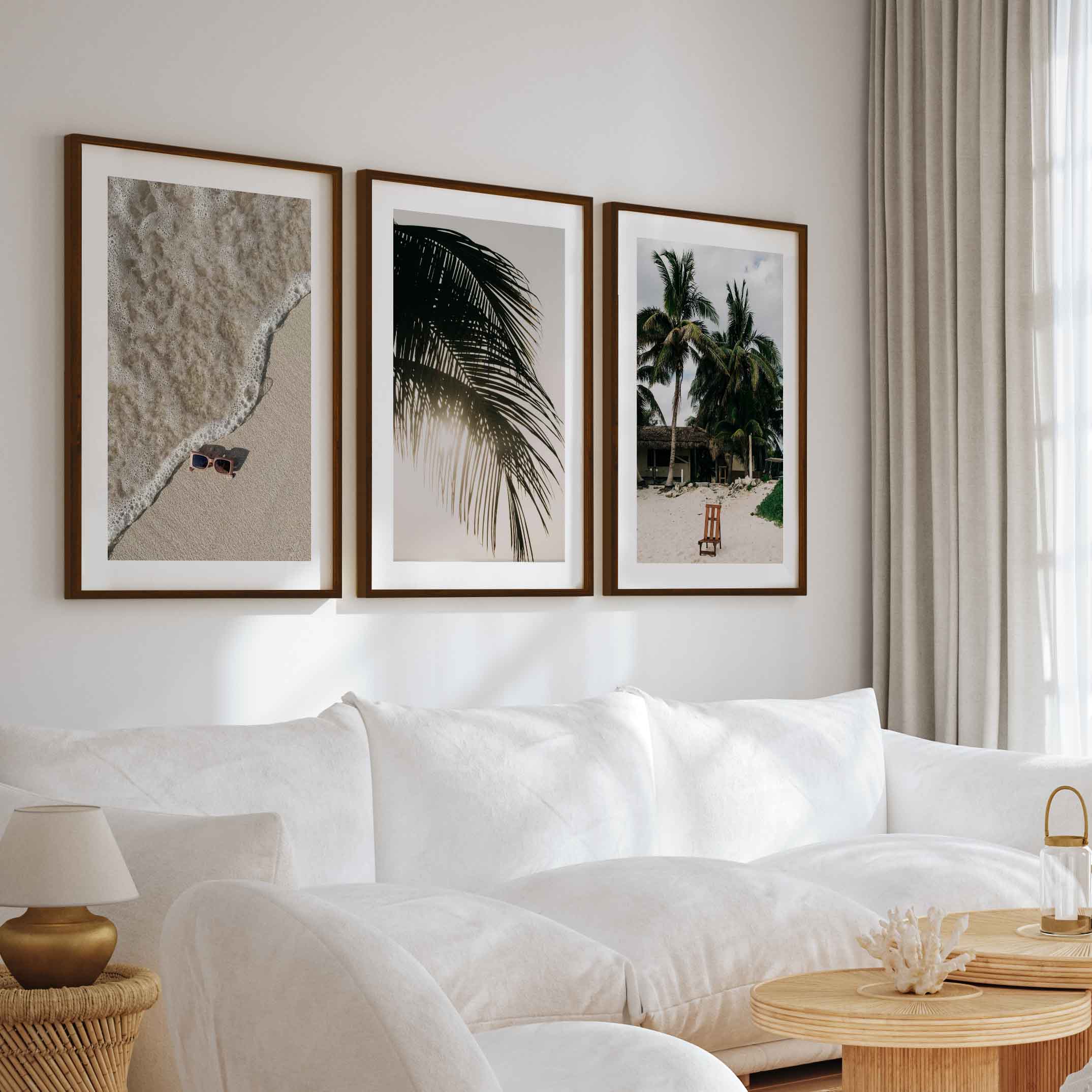 Big Beach Wall Art – Tropical Palm & Sand Print Set (3 Pieces) - Dark Brown Framed Poster with White Border - Artworksets