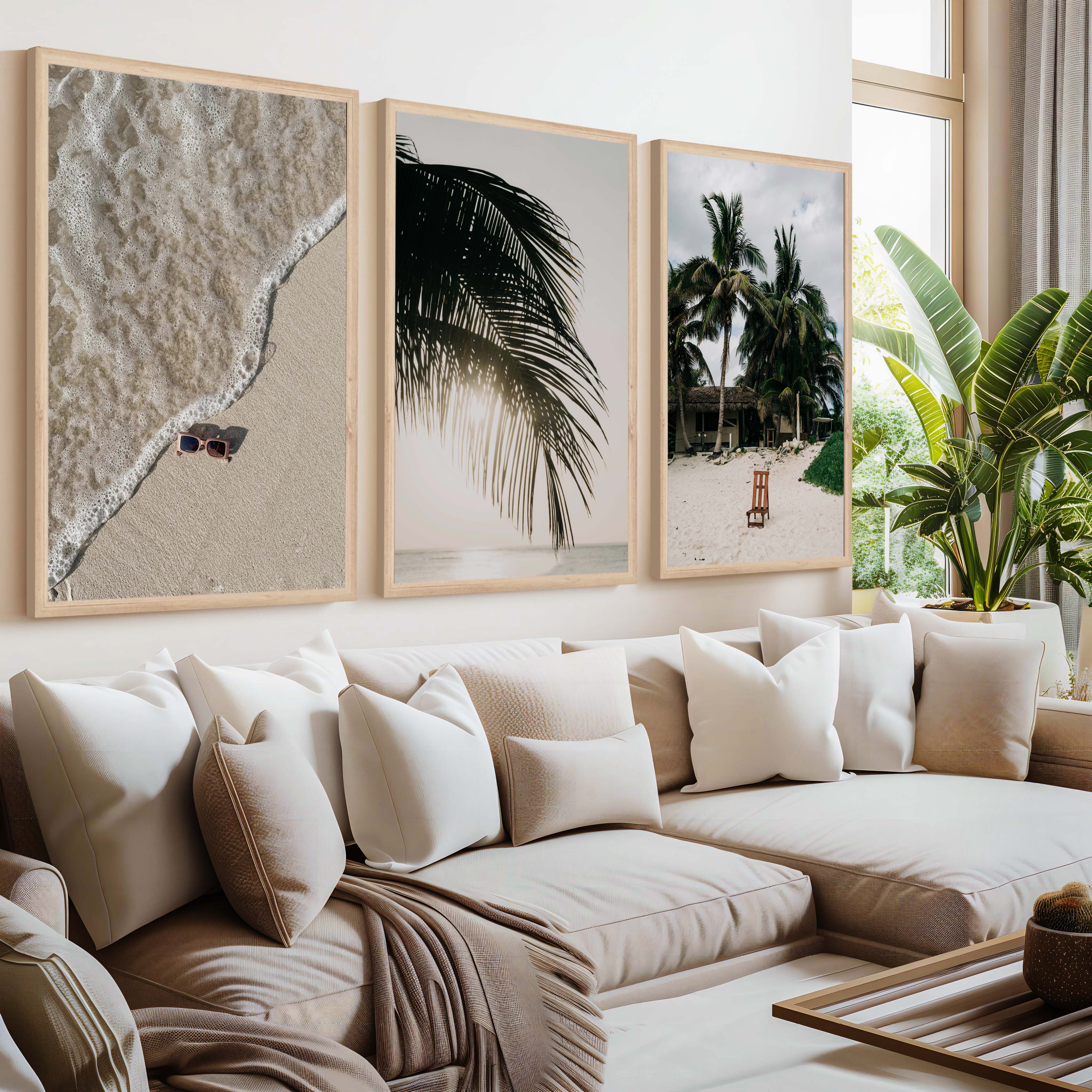 Big Beach Wall Art – Tropical Palm & Sand Print Set (3 Pieces) - Natural Wood Framed Poster No Border - Artworksets