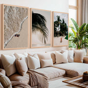Big Beach Wall Art – Tropical Palm & Sand Print Set (3 Pieces) - Natural Wood Framed Poster No Border - Artworksets