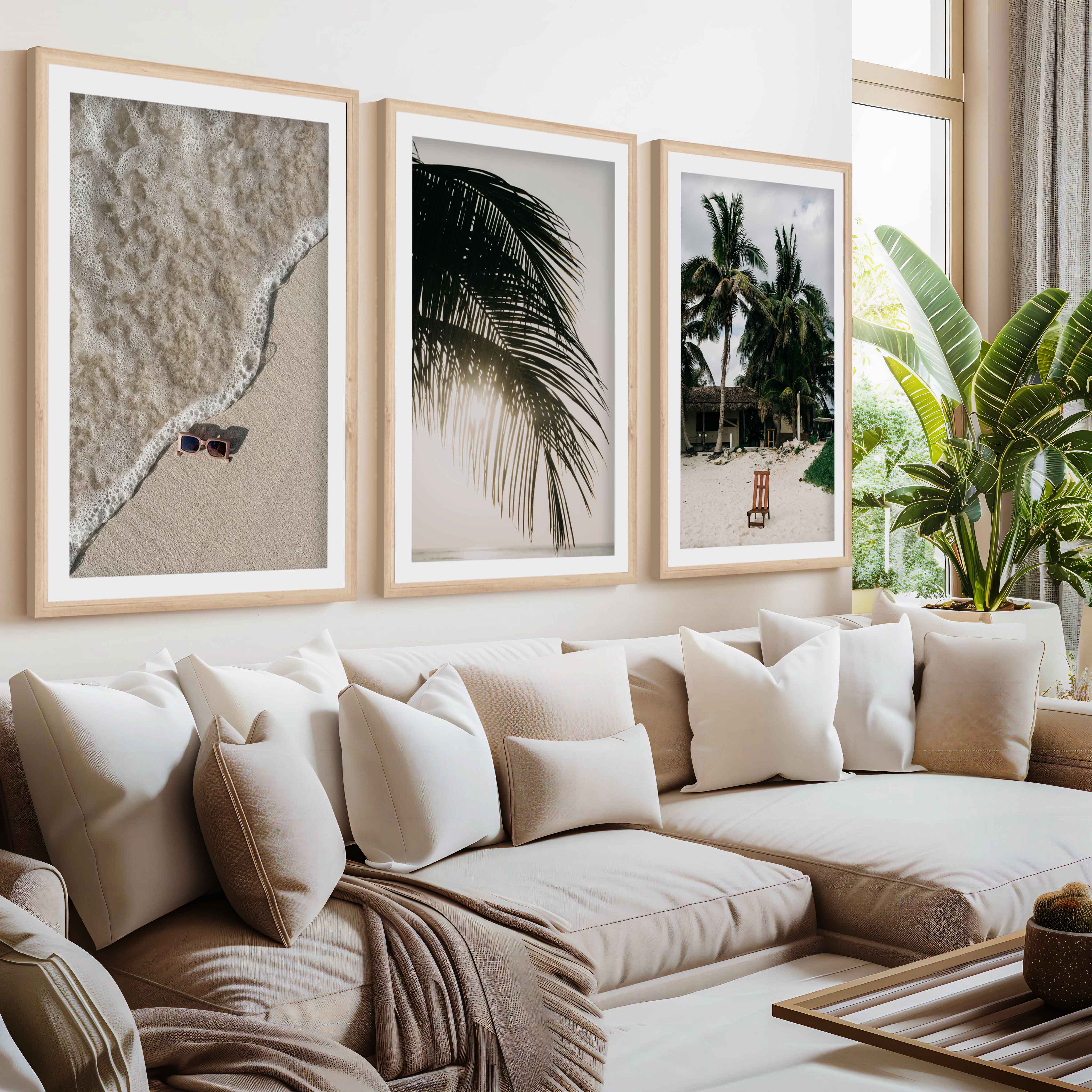Big Beach Wall Art – Tropical Palm & Sand Print Set (3 Pieces)- Natural Wood Framed Poster with White Border - Artworksets