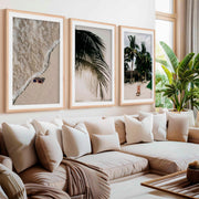 Big Beach Wall Art – Tropical Palm & Sand Print Set (3 Pieces)- Natural Wood Framed Poster with White Border - Artworksets