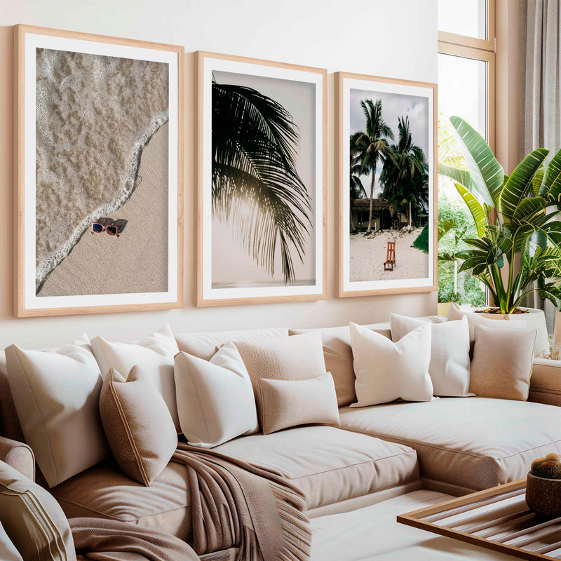 Big Beach Wall Art – Tropical Palm & Sand Print Set (3 Pieces)- Natural Wood Framed Poster with White Border - Artworksets