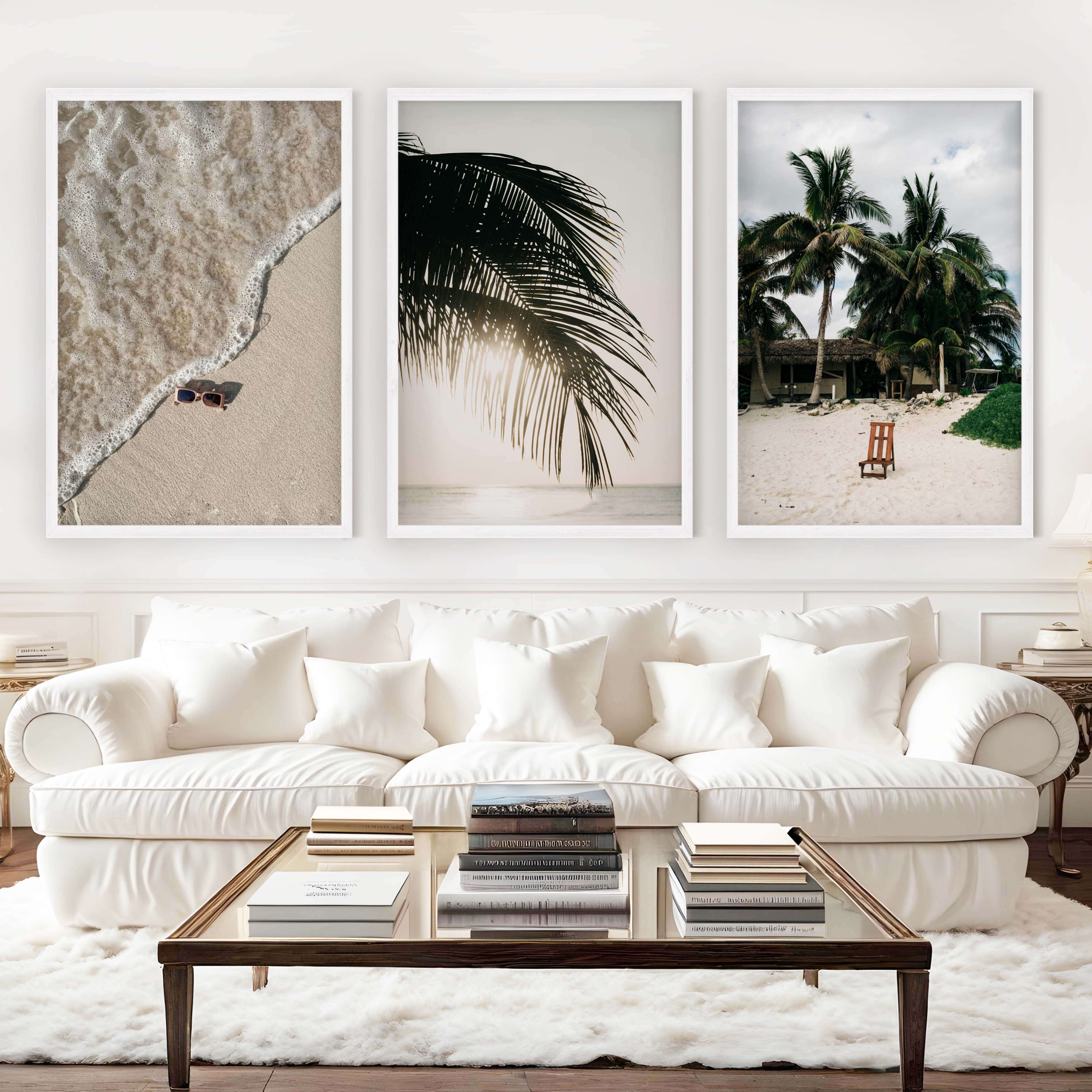 Big Beach Wall Art – Tropical Palm & Sand Print Set (3 Pieces) - White Framed Poster No Border - Artworksets