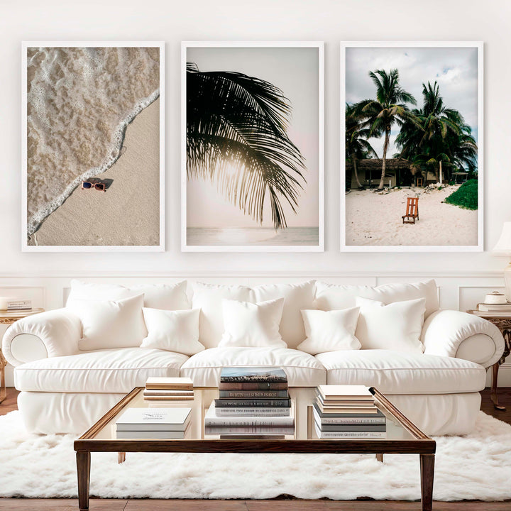 Big Beach Wall Art – Tropical Palm & Sand Print Set (3 Pieces) - White Framed Poster No Border - Artworksets