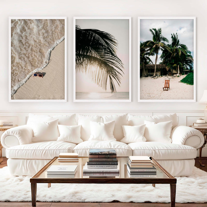 Big Beach Wall Art – Tropical Palm & Sand Print Set (3 Pieces) - White Framed Poster No Border - Artworksets