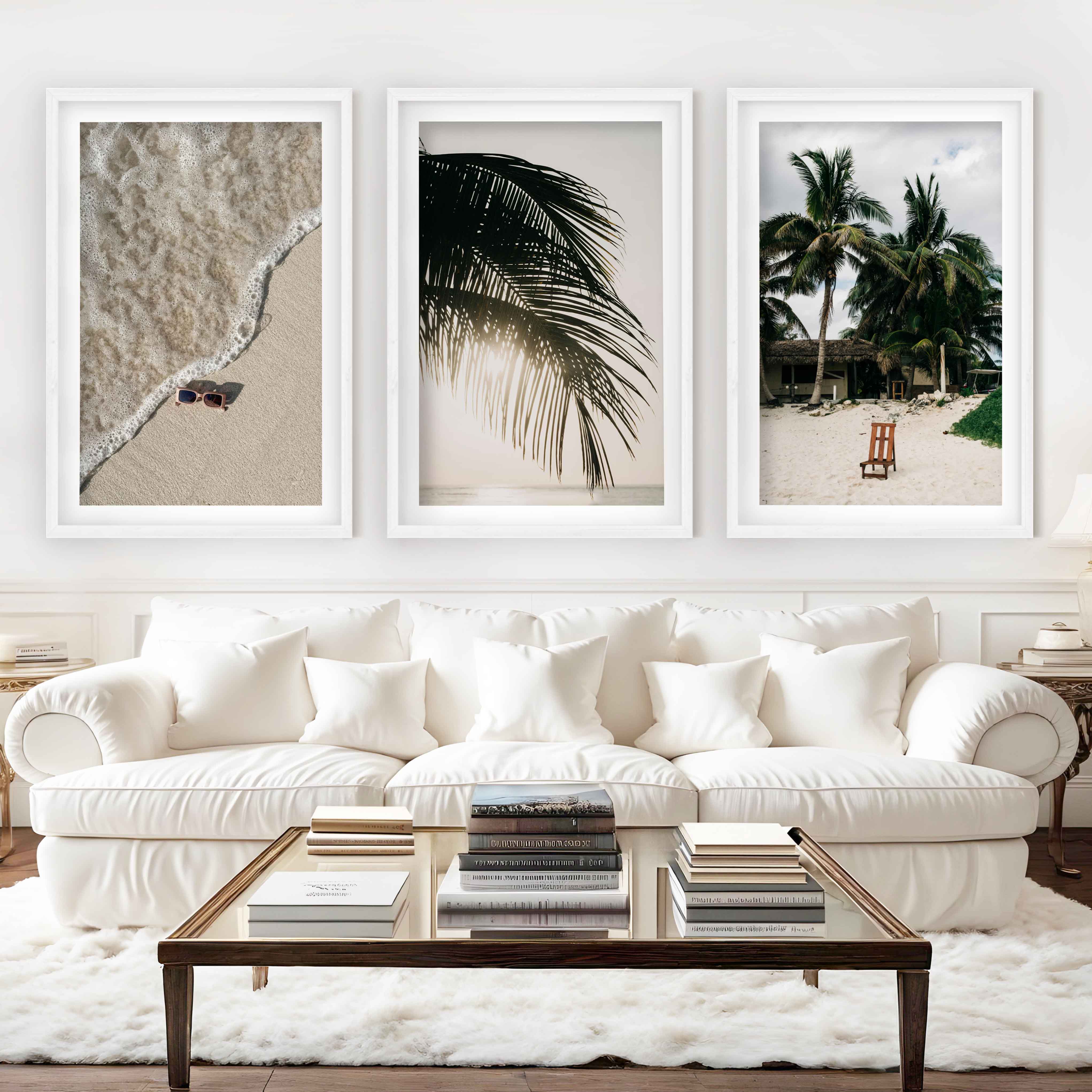 Big Beach Wall Art – Tropical Palm & Sand Print Set (3 Pieces) - White Framed Poster with White Border - Artworksets