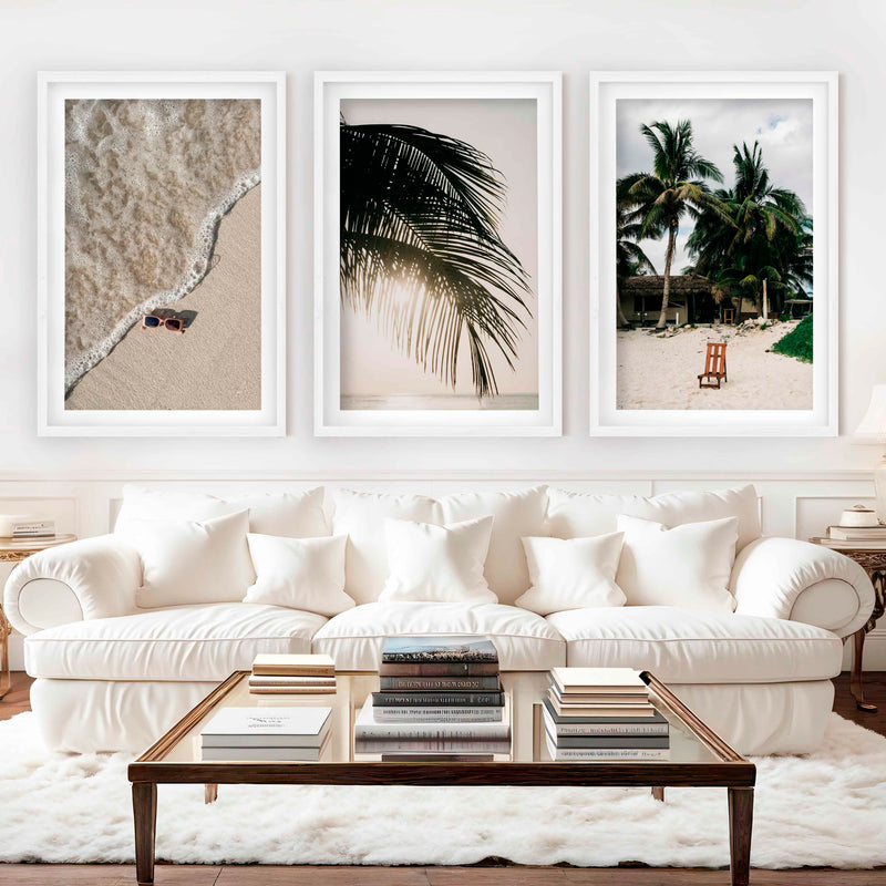 Big Beach Wall Art – Tropical Palm & Sand Print Set (3 Pieces) - White Framed Poster with White Border - Artworksets