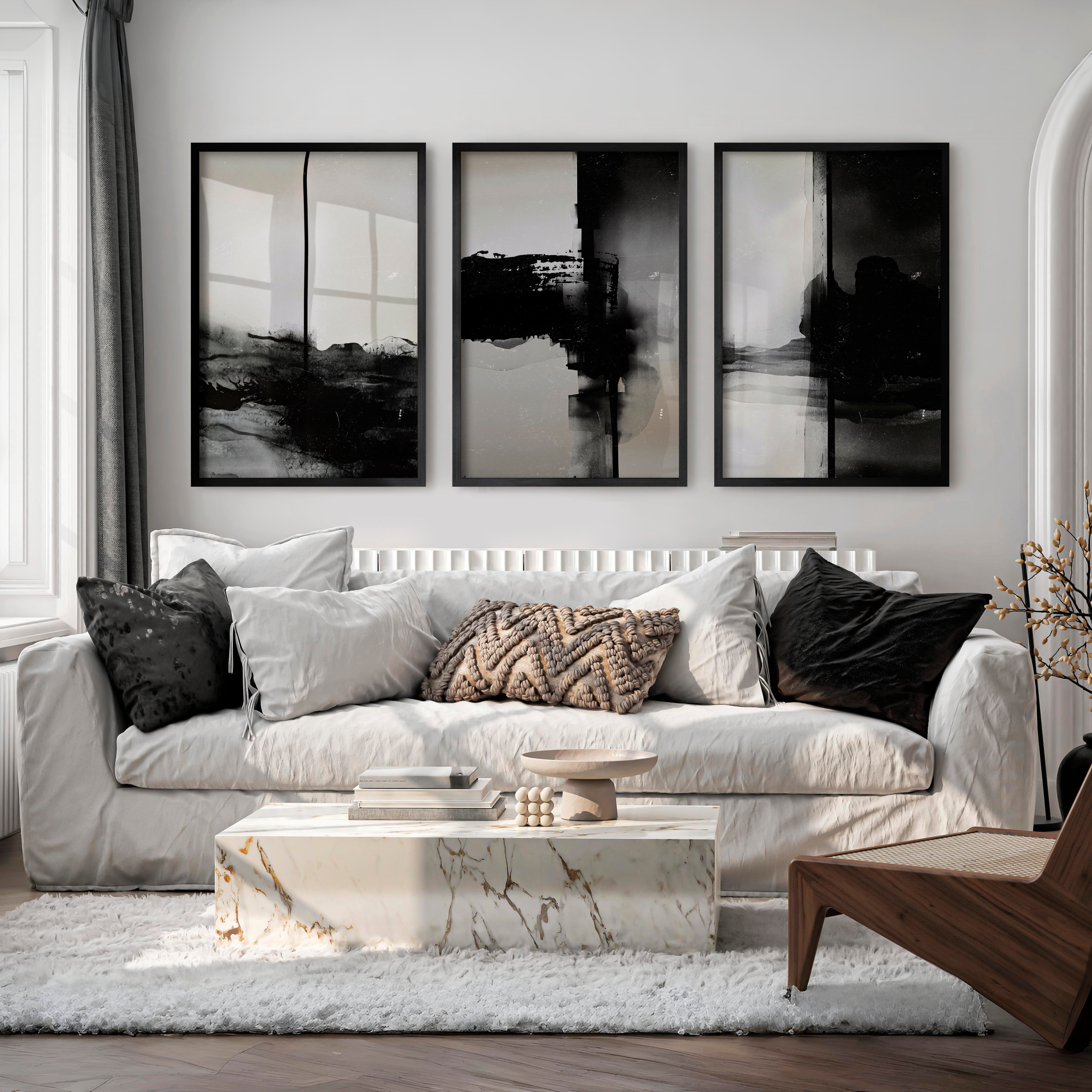 Black and White Abstract Wall Art Textured Modern Set of 3 - Black Framed Poster No Border - Artworksets