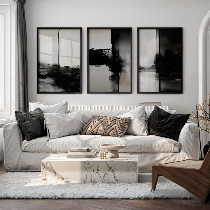 Black and White Abstract Wall Art Textured Modern Set of 3 - Black Framed Poster No Border - Artworksets