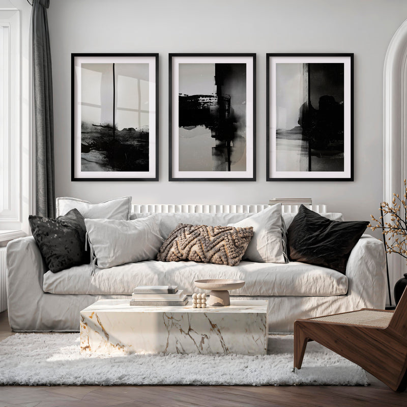 Black and White Abstract Wall Art Textured Modern Set of 3 - Black Framed Poster with White Border - Artworksets