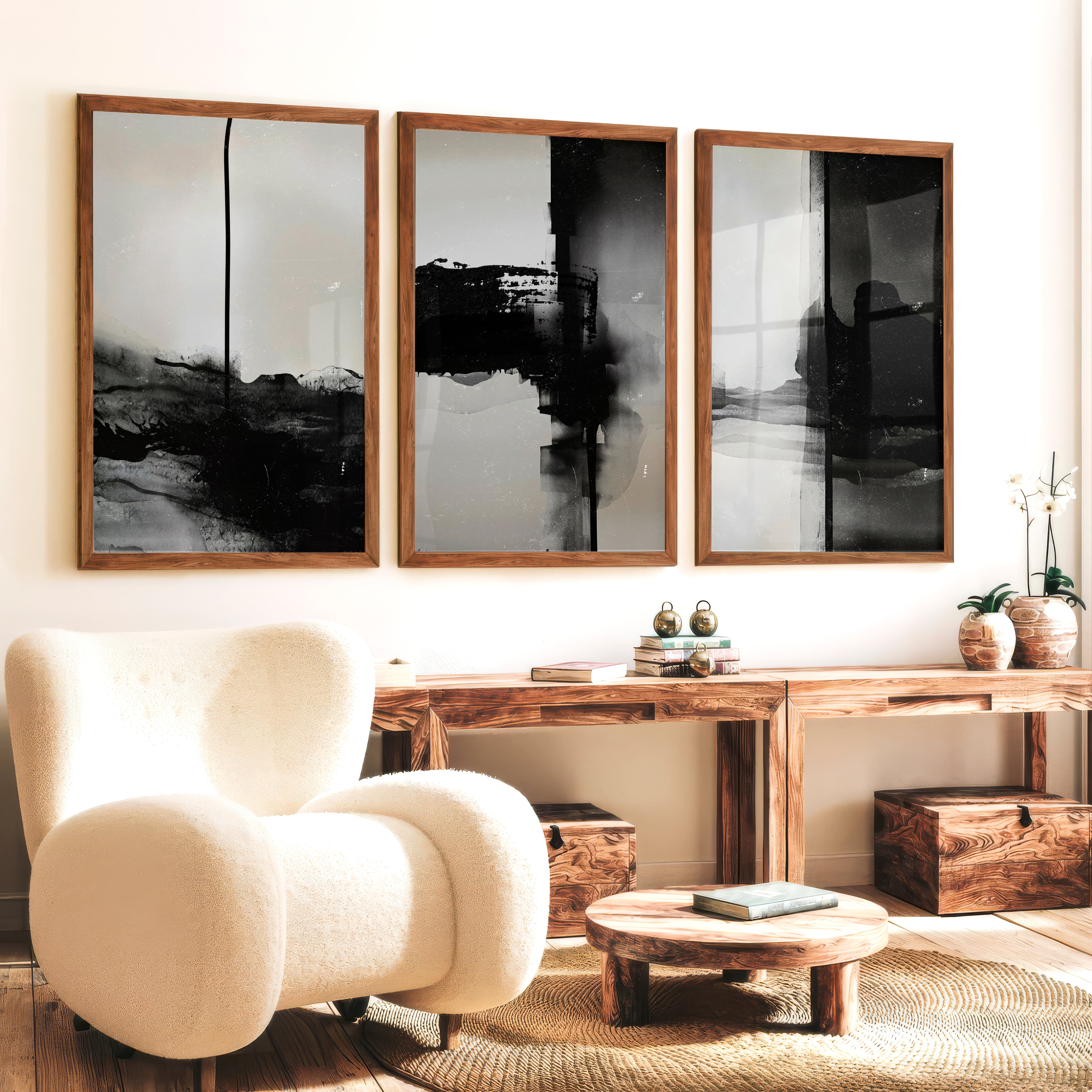 Black and White Abstract Wall Art Textured Modern Set of 3 - Dark Brown Framed Poster No Border - Artworksets