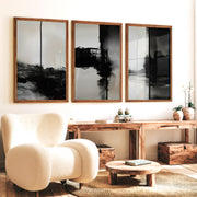 Black and White Abstract Wall Art Textured Modern Set of 3 - Dark Brown Framed Poster No Border - Artworksets