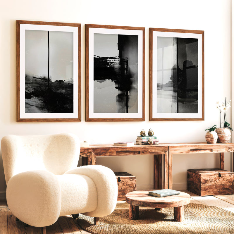 Black and White Abstract Wall Art Textured Modern Set of 3 - Dark Brown Framed Poster with White Border - Artworksets