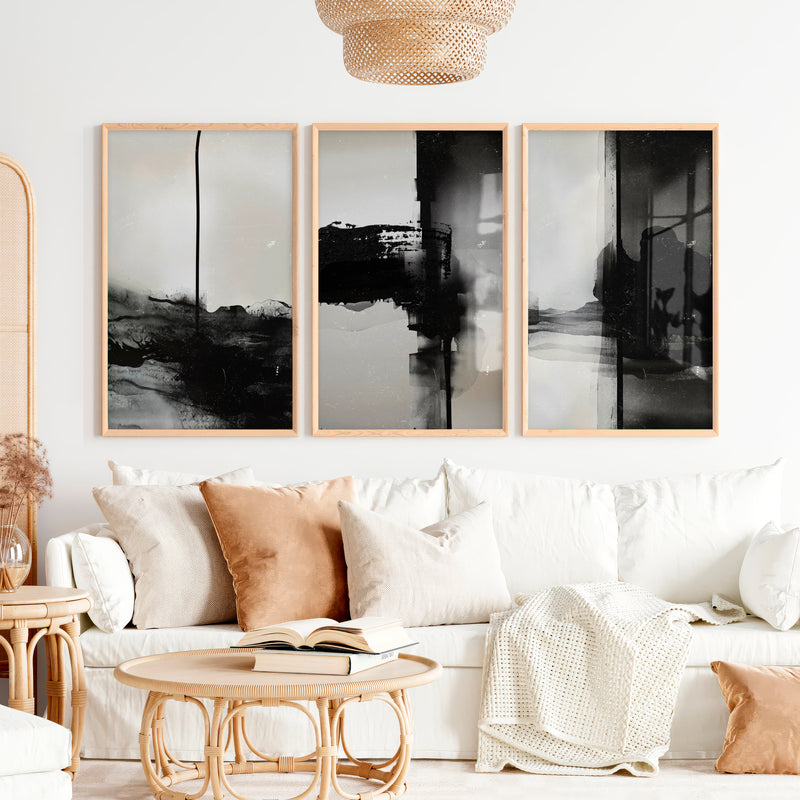 Black and White Abstract Wall Art Textured Modern Set of 3 - Natural Wood Framed Poster No Border - Artworksets