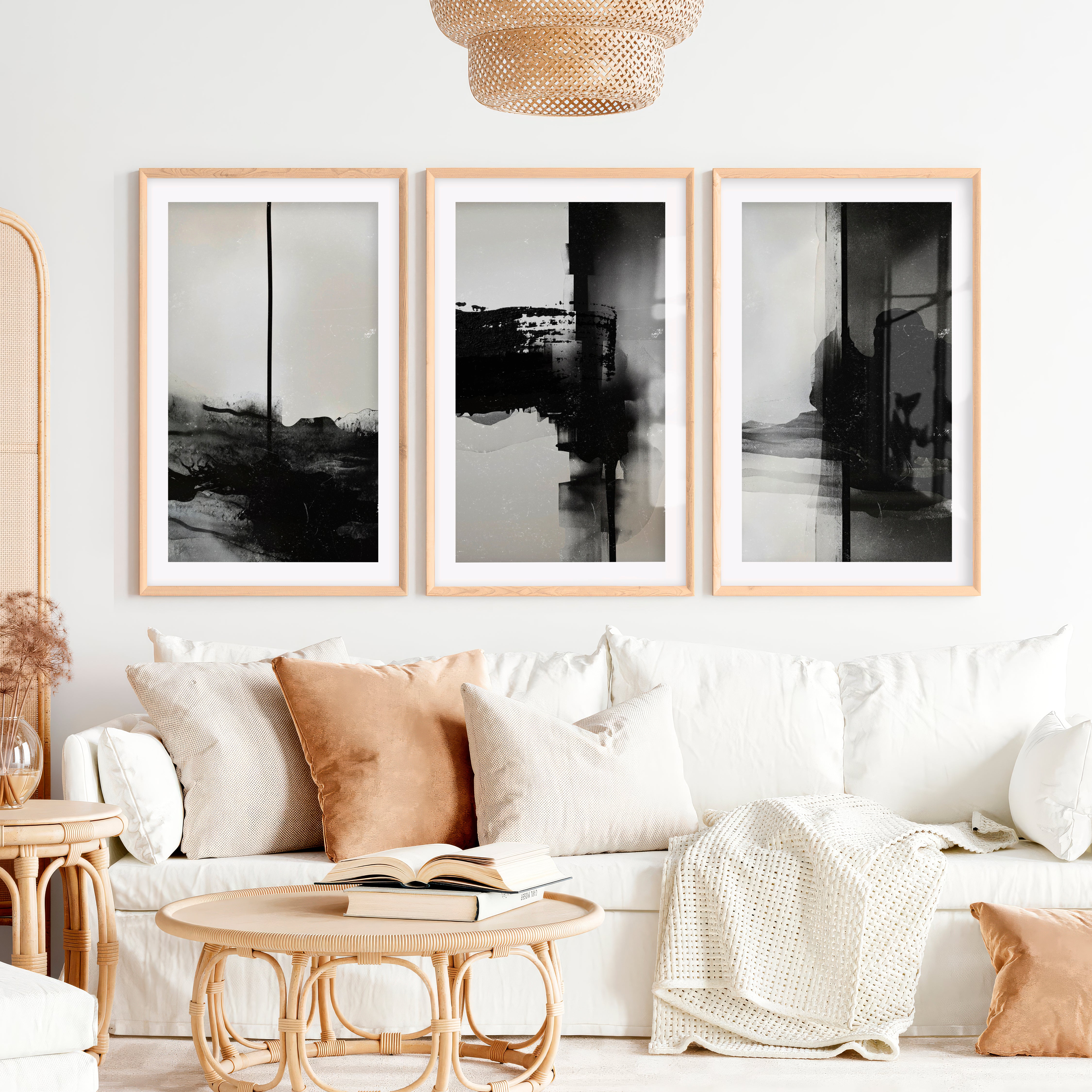 Black and White Abstract Wall Art Textured Modern Set of 3- Natural Wood Framed Poster with White Border - Artworksets