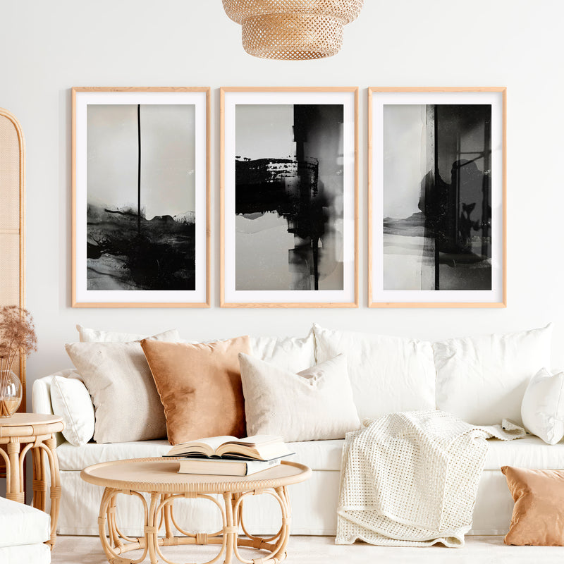 Black and White Abstract Wall Art Textured Modern Set of 3- Natural Wood Framed Poster with White Border - Artworksets