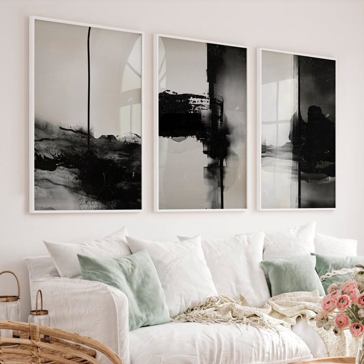 Black and White Abstract Wall Art Textured Modern Set of 3 - White Framed Poster No Border - Artworksets