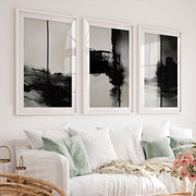 Black and White Abstract Wall Art Textured Modern Set of 3 - White Framed Poster with White Border - Artworksets