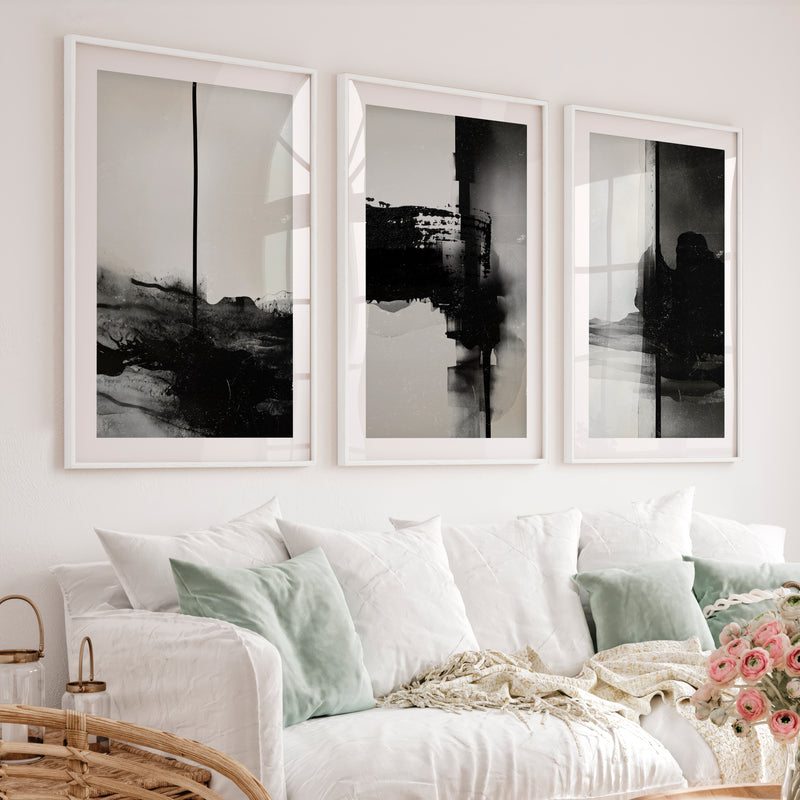 Black and White Abstract Wall Art Textured Modern Set of 3 - White Framed Poster with White Border - Artworksets