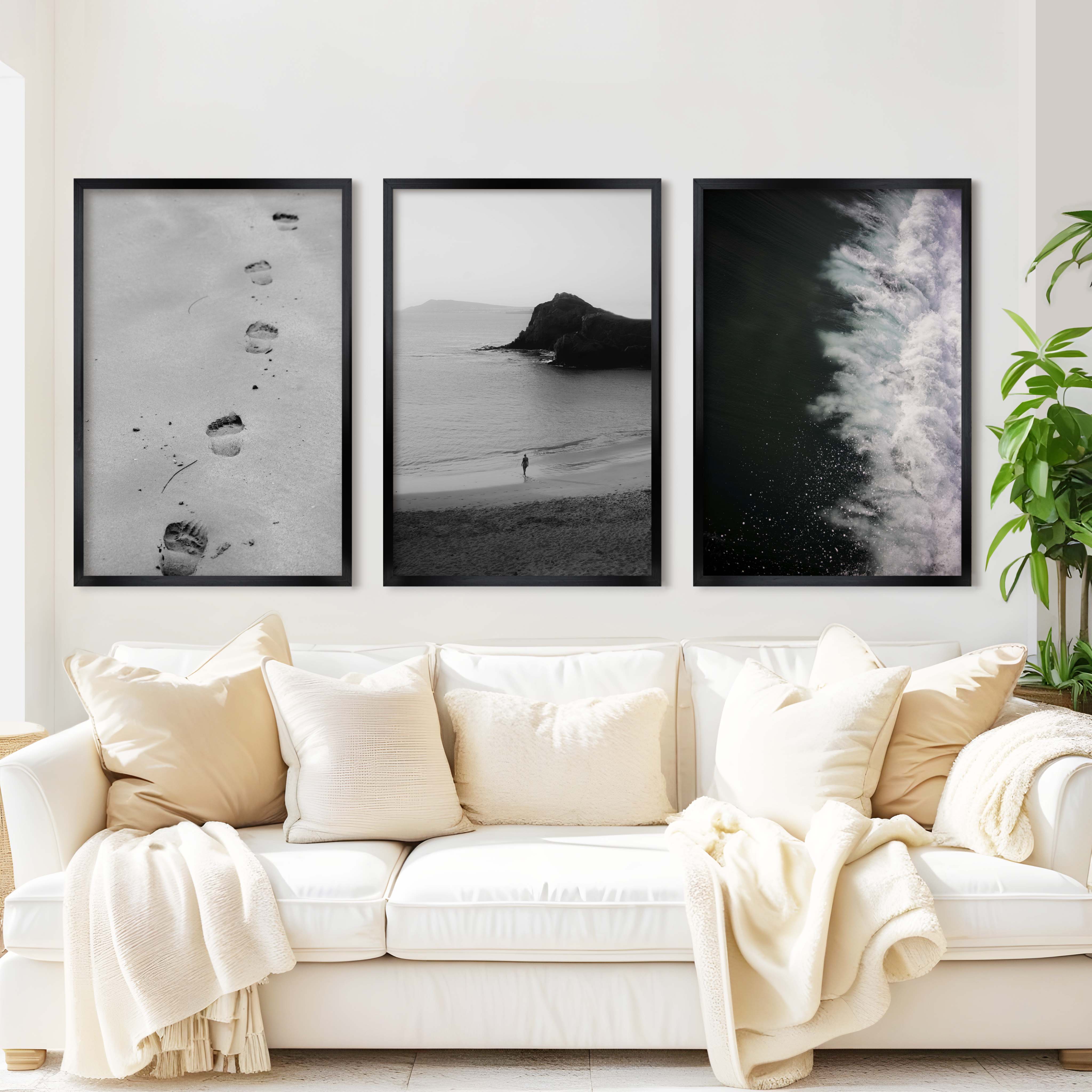 Black and White Beach Art Prints – Footsteps in Sand, Coastal Solitude, Dramatic Waves (Set of 3) - Black Framed Poster No Border - Artworksets