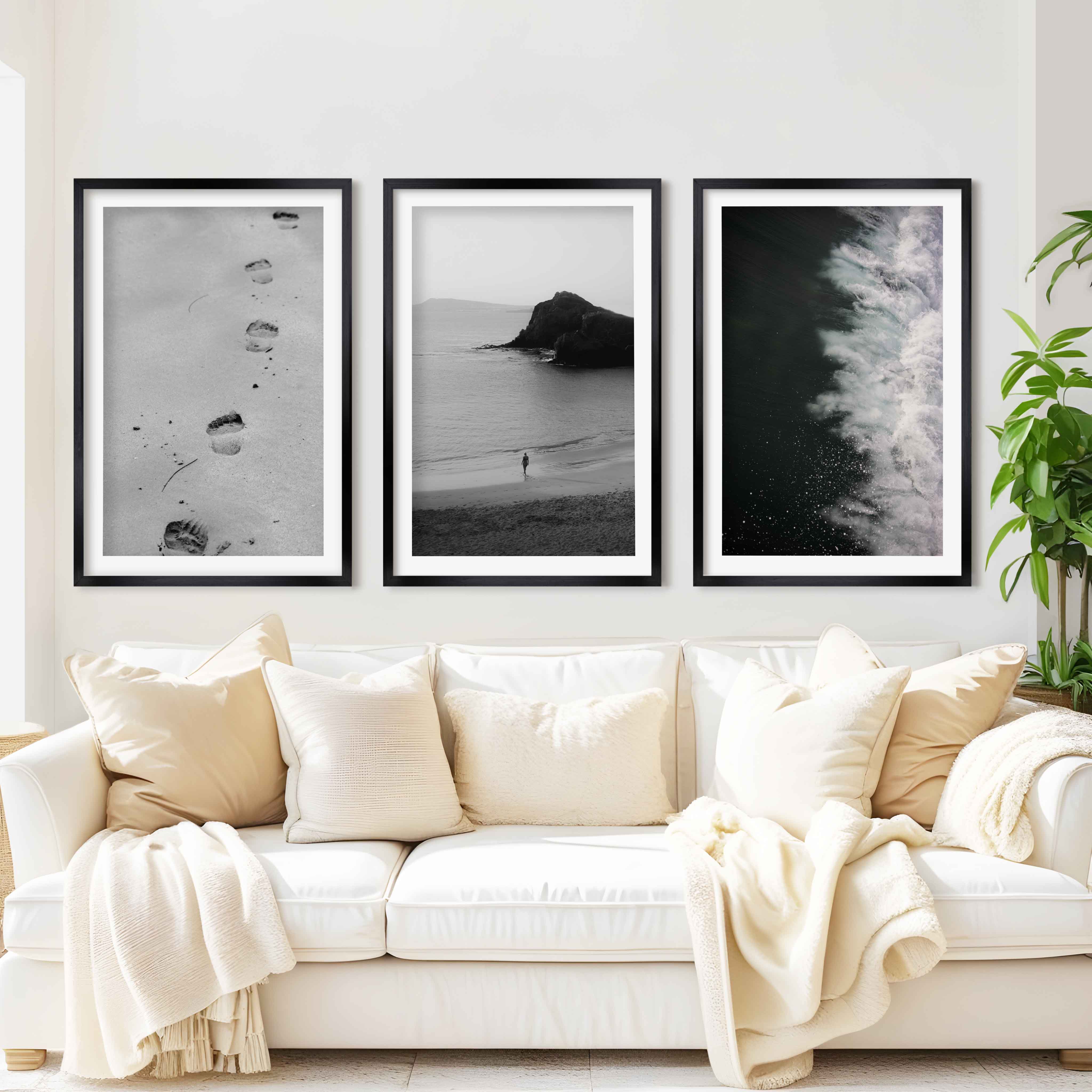 Black and White Beach Art Prints – Footsteps in Sand, Coastal Solitude, Dramatic Waves (Set of 3) - Black Framed Poster with White Border - Artworksets