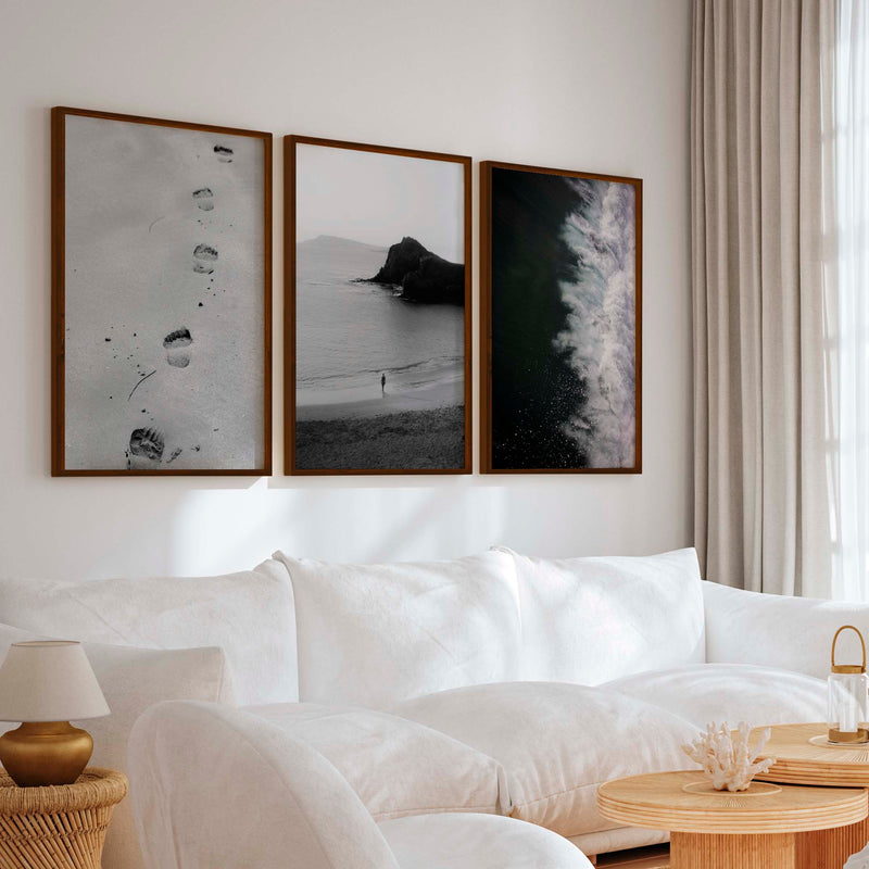 Black and White Beach Art Prints – Footsteps in Sand, Coastal Solitude, Dramatic Waves (Set of 3) - Dark Brown Framed Poster No Border - Artworksets